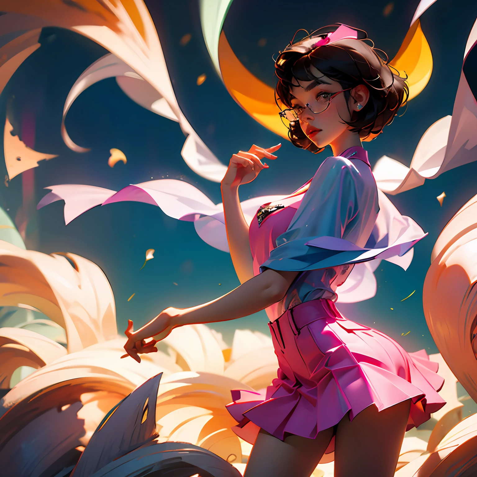 A girl with short hair wearing glasses,Pink lips,miniskirts --auto