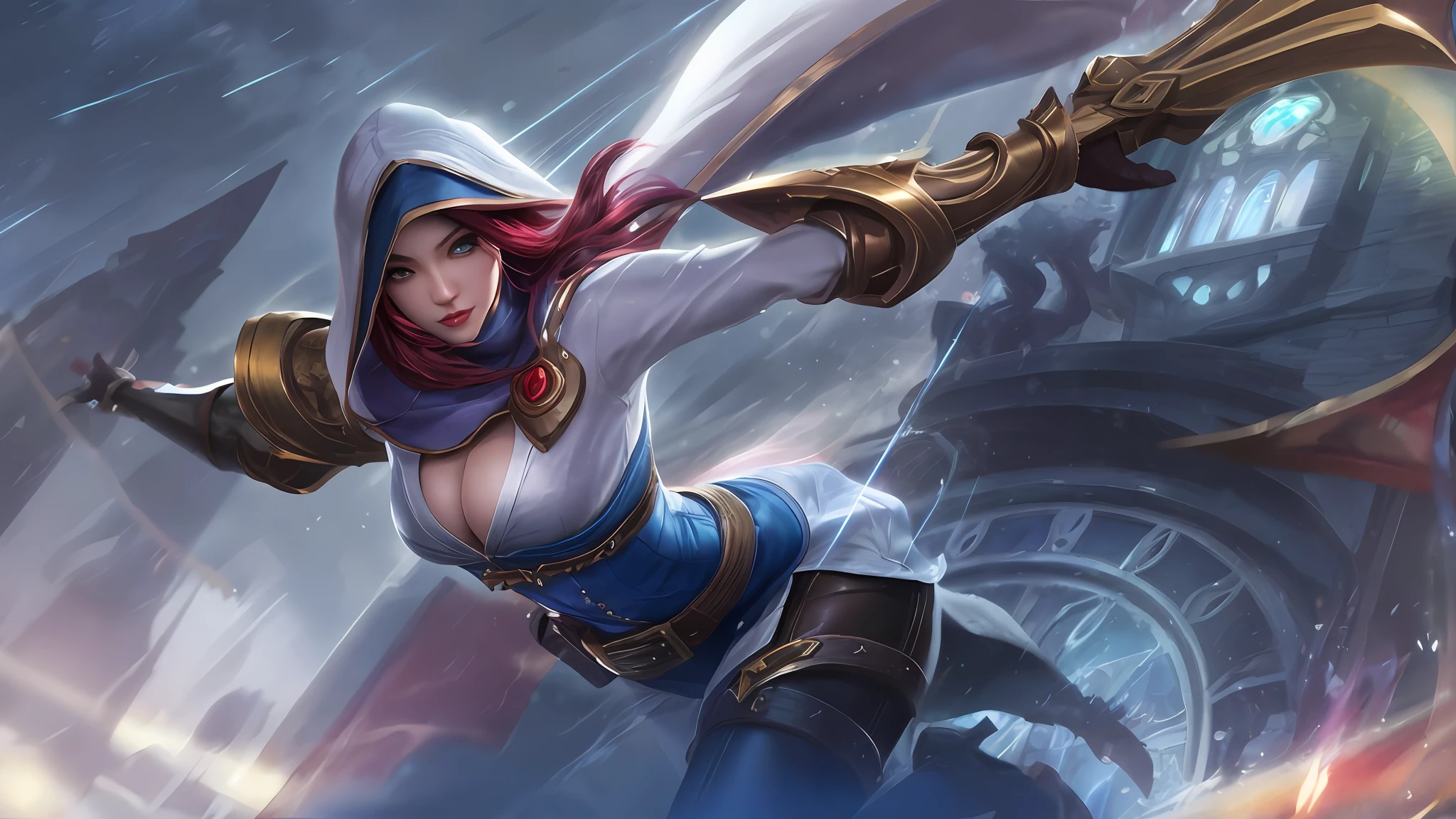 a close up of a woman with a sword in a city, style artgerm, ig model | artgerm, ashe, katarina, artgerm lau, extremely detailed artgerm, league of legends character art, miss fortune league of legends, miss fortune, artgerm detailed, official splash art, samira from league of legends, splash art