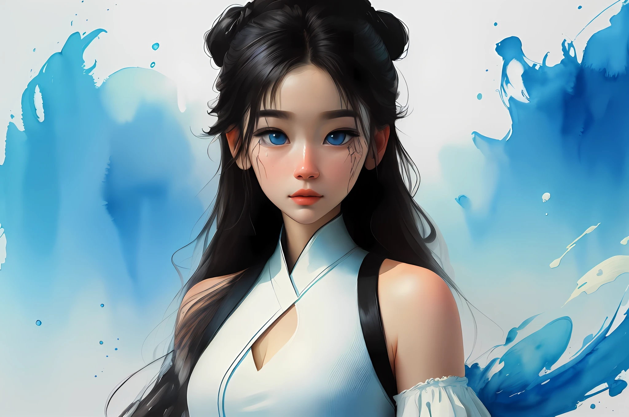 Wtrcolor style，Beautiful lake blue eyes，Three-dimensional facial features，Very recognizable looks，The dress，official arts，front side，master masterpiece，beauitful，（（watercolors）），Paint Splash，Complicated Detail。Very Detail，[drops:0.5]，Trends on Artstation，anglababy，Half-body image，centerd，Leave white space all around