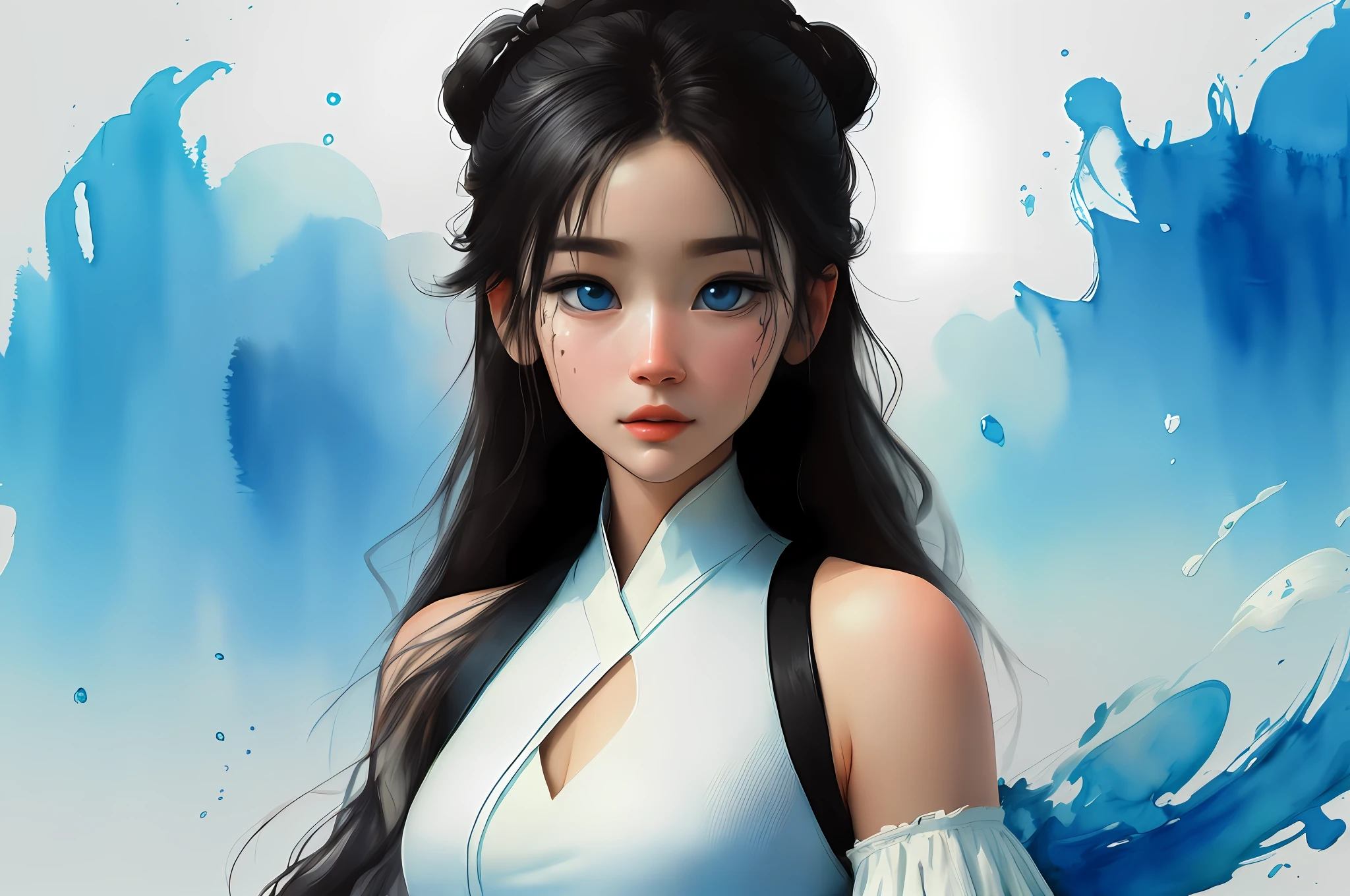 Wtrcolor style，Beautiful lake blue eyes，Three-dimensional facial features，Very recognizable looks，The dress，official arts，front side，master masterpiece，beauitful，（（watercolors）），Paint Splash，Complicated Detail。Very Detail，[drops:0.5]，Trends on Artstation，anglababy，Half-body image，centerd，Leave white space all around