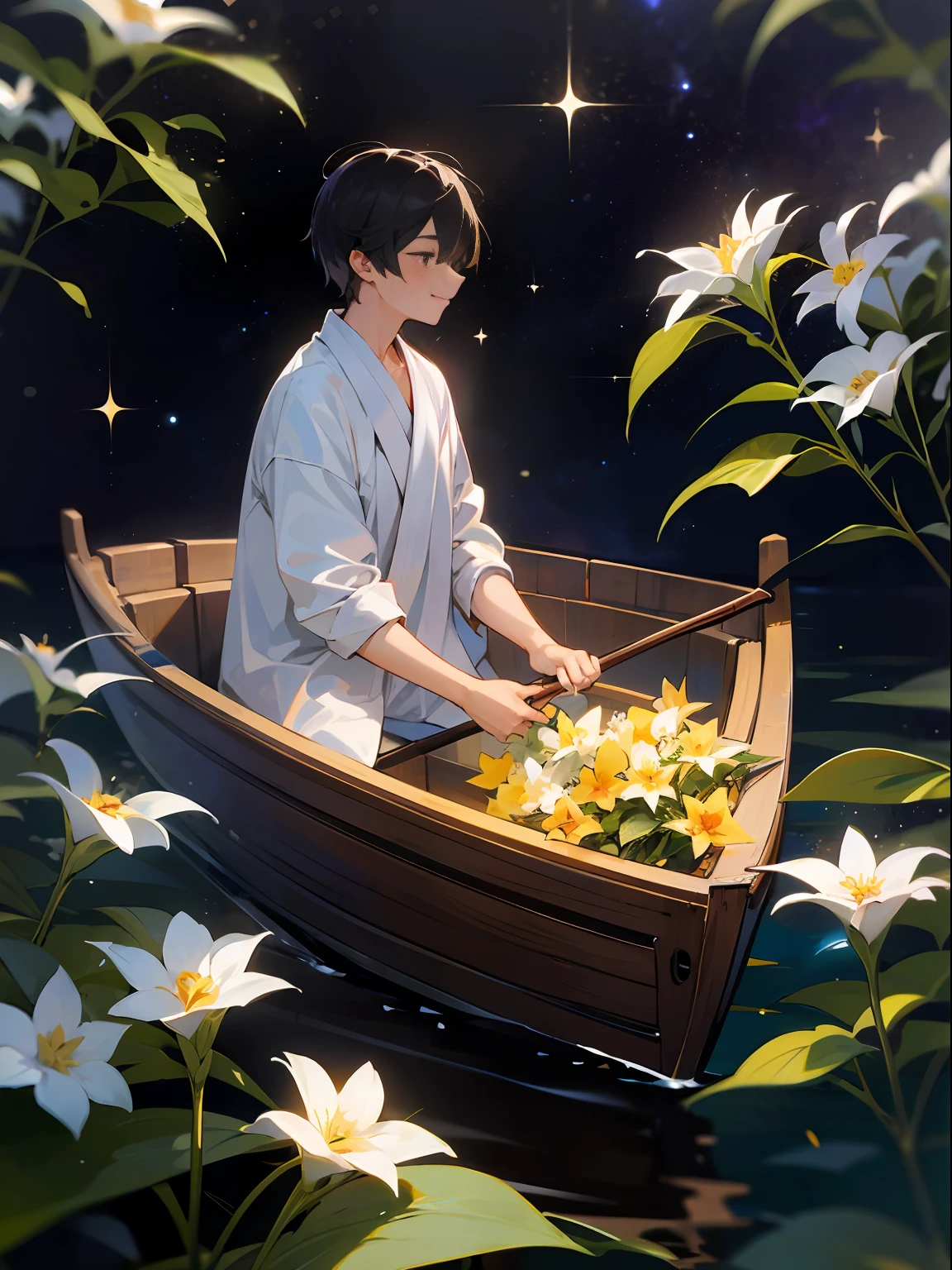 master masterpiece,best best quality,GALAXY,Wooden boat,boy in white,Shallow smile,Sing out loud,A bouquet of osmanthus flowers,The aroma is overflowing,A fine wine,Friends together,Toast,looking at the stars