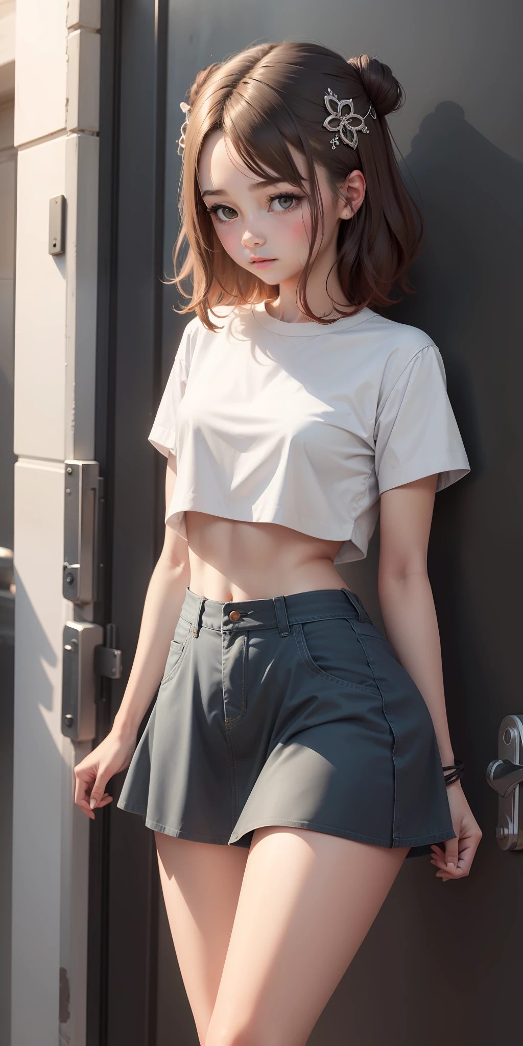 1girl,adorableness,Crop topping,miniskirts,Hair Ornament