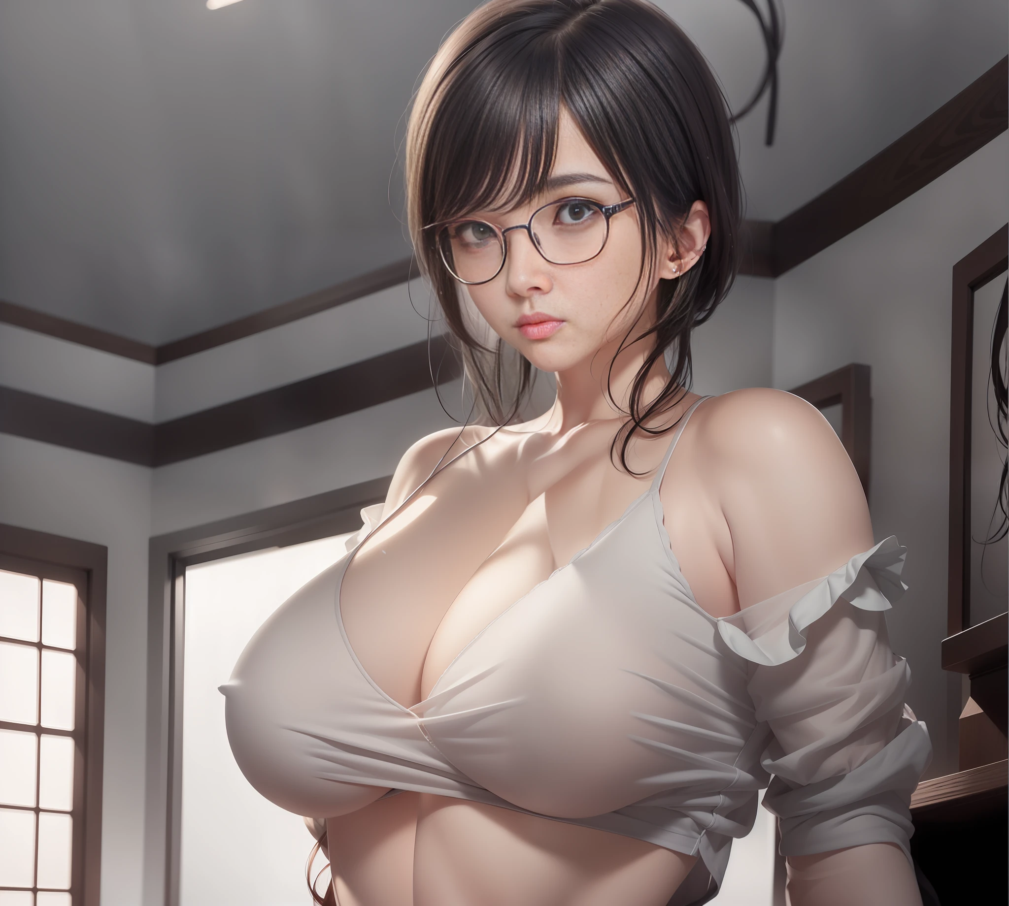 there is a woman with glasses and a bra top posing for a picture, photorealistic anime girl rendering, smooth anime cg art, 3 d animemasume, realisitc, Reality anime, 3 d style, seductive anime girls, super realistic anime, [ 4 k digital art ]!!, range murata and artgerm, artwork in the style of guweiz, animemasume,. soft lights，Extremely real artistic genitalia，Authentic and detailed pink and beautiful