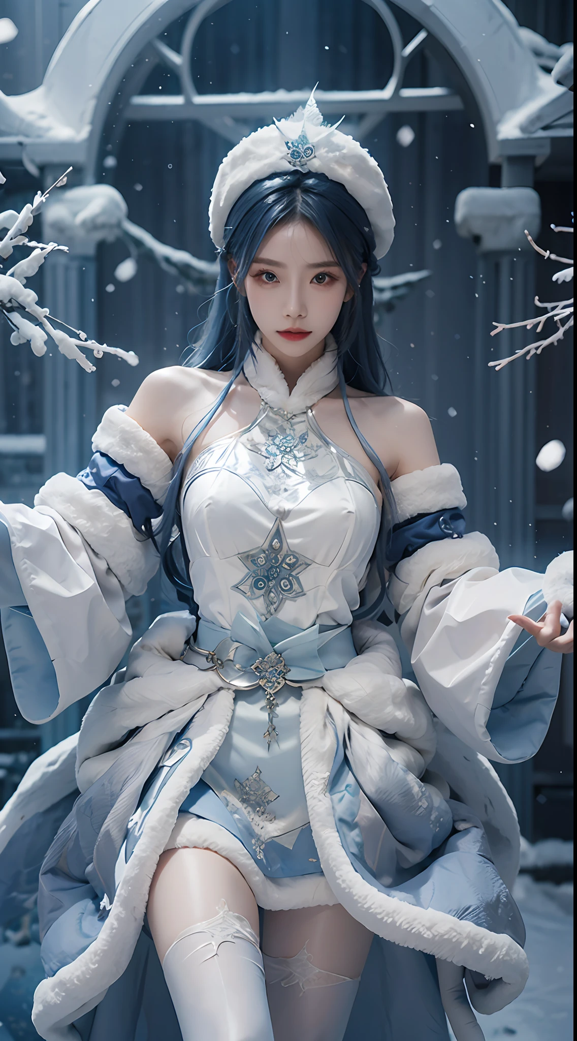 (master masterpiece,best best quality), with their intricate details, 8k, art stations,glory of the king,Wang Zhaojun,perfect face,Perfect eye,perfect hand,1女孩,blue Hair,White skirt,Shoulders exposed,white sleeves,Take the staff,wintertime,the snow,snow white,snowy mountains,snowflakes,frost,FULL BODY,far view,Cast magic,(Chanting casting),Ice magic,Look to viewer,The background is ice and snow,Magic background,complex backgrounds,A world of magic,