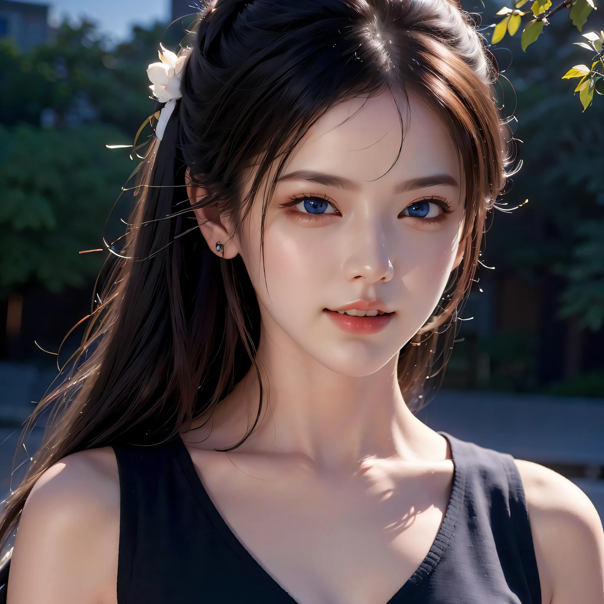 (photorealistic:1.4),(detailed eyes:1.3),(realistic, photo-realistic:1.37),(Medium view:1.5),(Half body),1girl,best quality,ultra-high res,Tokyo street,Vest,long Colour hair,waist,Smile,Slim,Night,