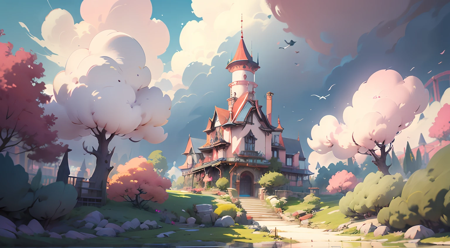 A game scene screen，The main color of pink，Amusement Park， fluffy pink anime clouds,fantastical atmosphere ，Perfect quality，Crisp focus，colorfulness，Intricate detail background art, A colorful world，super high definition，A masterpiece