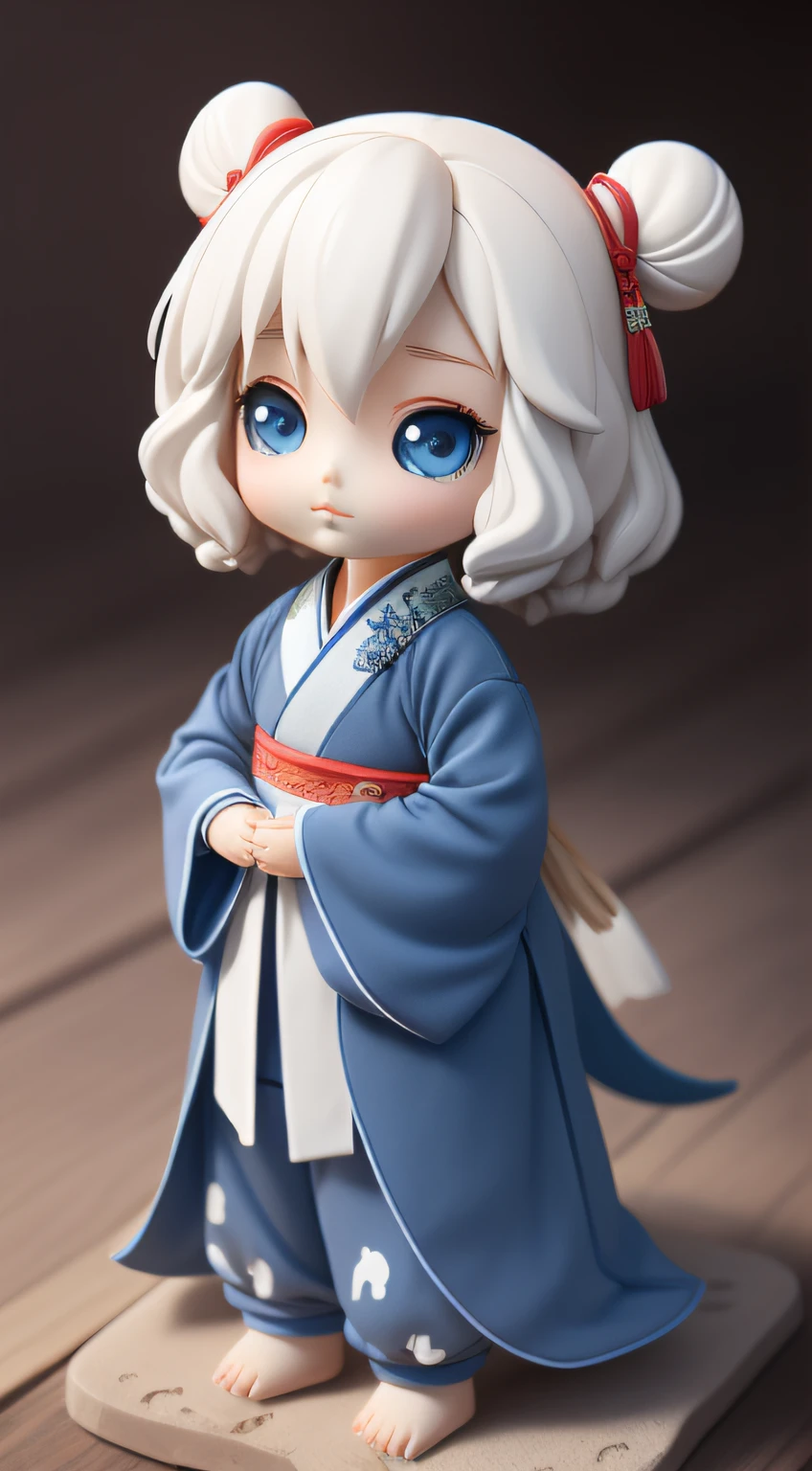 A doll with white hair and blue dinosaur pajamas,girl in Hanfu, White Hair,Clay model,blind box toy,FULL BODY,Multiple Angles,watery big eyes,A clean background,3D,C4D,Glossy material