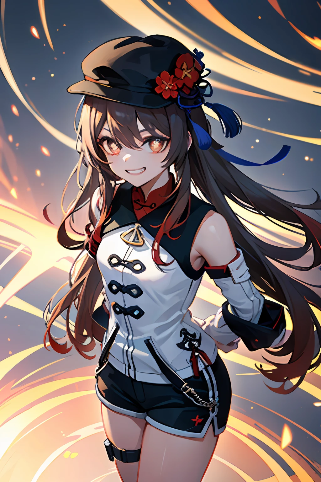 (((masterpiece))), 4k res, highly detailed, (((extremely detailed eyes))), detailed background, cinematic lighting, crystal clear eyes, 1girl, high quality, highres, ultra-detailed, 8k, best quality, 1girl, solo,  shadow, backlighting, light particles, Thick Eyelashes, Wide Sleeve, thick thighs, (masterpiece:1.3), (the best quality:1.2), (super fine illustrations:1.2), (Masterpiece), high quality, high detail,(SOLO:1.4),((round image)),[(cyberpunk:1):5], cyberpunk, whole body, hair ornament, from above, hu tao (genshin impact), hat, flower on hat,brown hair, twintails, red eyes, flower-shaped pupils, evil grin, small breasts, short shorts, arms behind back, pyrokinesis, boo tao