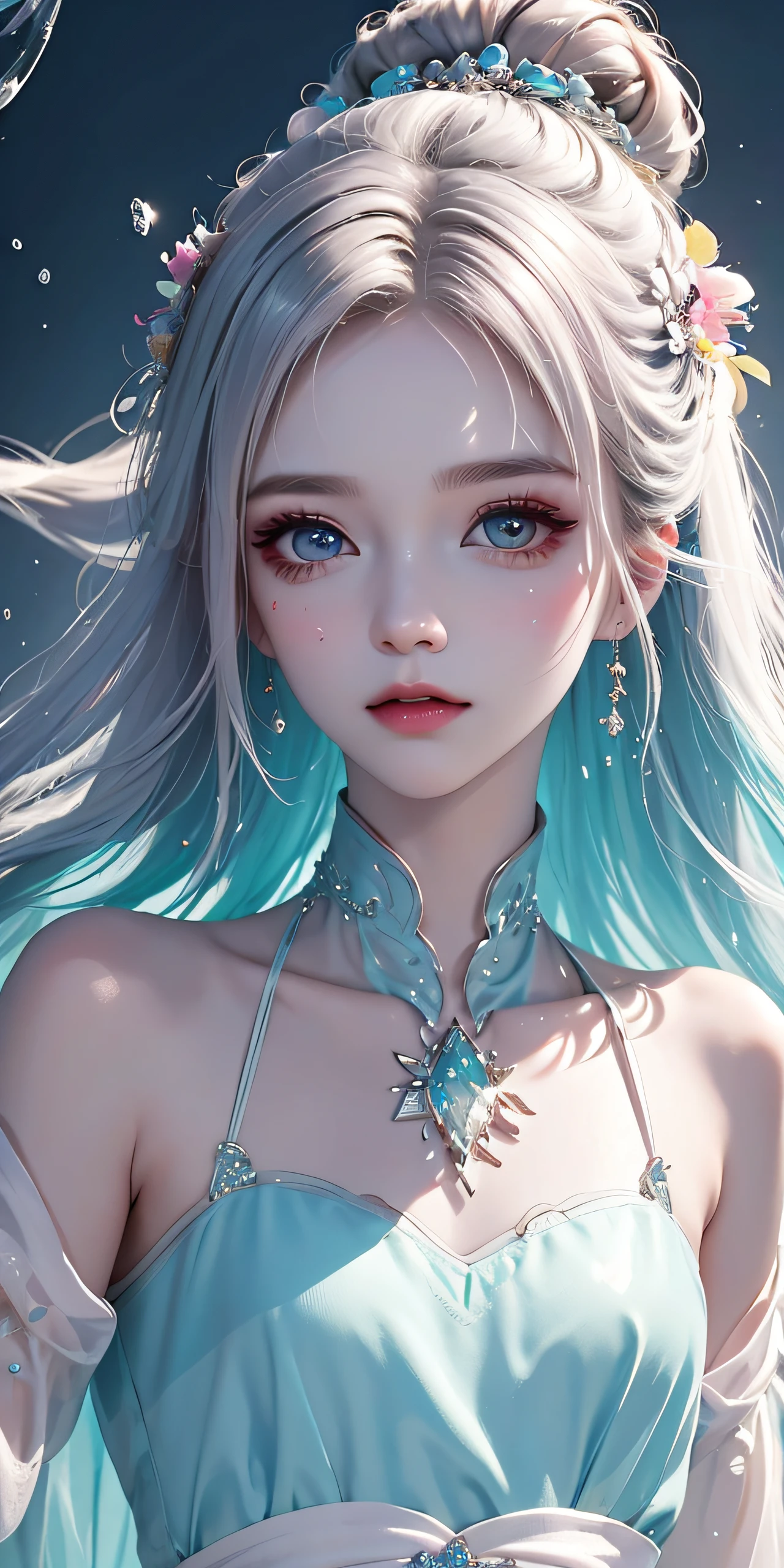 (Pink fashion T-Camisa,:1.9),(Colorful hair:1.8),(Rainbow all colors:1.8),((((Vertical painting:1.6))),(painterly:1.6),front side,comic,illustration,painterly,with big eyes,Crystal clear,(Iridescent gradient high ponytail:1.7),elaborate makeup,closed Mouth,(Small fresh:1.5),long lashes,White shoulder T- Camisa,, White Shoulder Shirt,looking at the viewers,watery big eyes,(rainbow color Hair:1.6), Color Splash, (solo:1.8), Color Splash, Color explosion, Color Splash, Color explosion, Thick lacquer style,Messy lines,((Shiny,)) ,(colorful,,,,,,,), Thick Paint Style, (Splash) (Color Splash), Vertical Painting, upper body, Paint Splash, Acrylic Pigment, Gradient, Paint, Highest Image Quality, the highest picture quality, Masterpiece, Solo, depth offield, Face Paint, colorful clothes, (elegence: 1.2), Ornate, long haired, aeolian, (elegence: 1.3), (petaled: 1.4),(((master masterpiece))),(((the best quality t))),((ultra Detailed)),(illustartion),(Dynamic Angle),((floating)),(painti),((Loose hair)),(solo),(1girl) , (( (Detailed anima face))),((Beautiful detailed face)),collars,Shoulders exposed,White Hair,((colourfel hair)),((streaked hair)),Beautiful detailed eyes,(Gradient eyes),(( (color eyes))),(((colorfully background))),(((high satur))),(((Surrounded by colorful splashes))),(Hanfu)