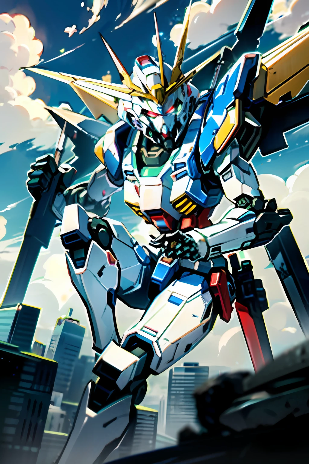 sky, cloud, holding_weapon, no_humans, glowing, robot, building, glowing_eyes, mecha, science_fiction, city, real, mecha, masami ohari, gundam