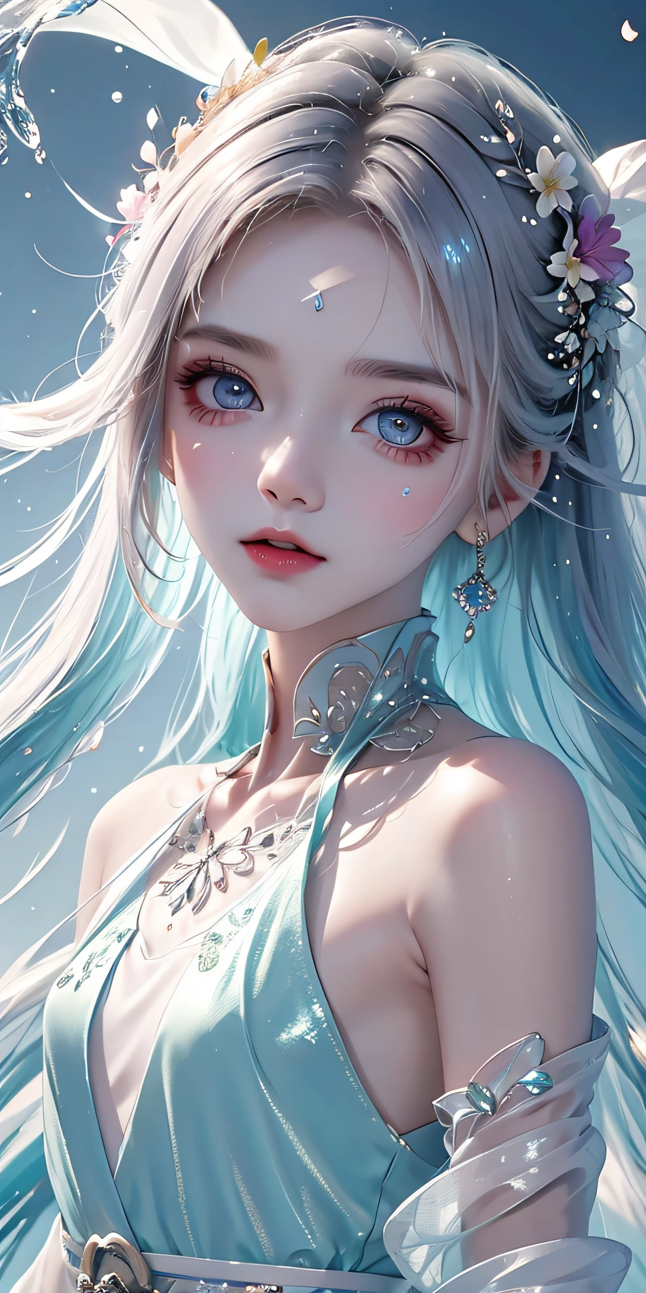 （Pink fashion T-Camisa，：1.9），（Colorful hair：1.8），（Rainbow all colors：1.8），（（（（Vertical painting：1.6)）），（painterly：1.6），front side，comic,illustration,painterly,with big eyes,Crystal clear,（Iridescent gradient high ponytail：1.7）,elaborate makeup,closed Mouth,(Small fresh:1.5),long lashes,White shoulder T- Camisa，, White Shoulder Shirt，looking at the viewers，watery big eyes，(rainbow color Hair：1.6), Color Splash, （solo：1.8）, Color Splash, Color explosion, Color Splash, Color explosion, Thick lacquer style，Messy lines，((Shiny,)) ，(colorful), Thick Paint Style, (Splash) (Color Splash), Vertical Painting, upper  body, Paint Splash, Acrylic Pigment, Gradient, Paint, Highest Image Quality, the highest picture quality, Masterpiece, Solo, depth offield, Face Paint, colorful clothes, (elegence: 1.2), Ornate, long haired, aeolian, (elegence: 1.3), (petaled: 1.4)，(((master masterpiece))),(((the best quality t))),((ultra Detailed)),(illustartion),(Dynamic Angle),((floating)),(painti),((Loose hair)),(solo),(1girl) , (( (Detailed anima face))),((Beautiful detailed face)),collars,Shoulders exposed,White Hair,((colourfel hair)),((streaked hair)),Beautiful detailed eyes,(Gradient eyes),(( （color eyes））），（（（colorfully background））），（（（high satur））），（（（Surrounded by colorful splashes））），（Hanfu）