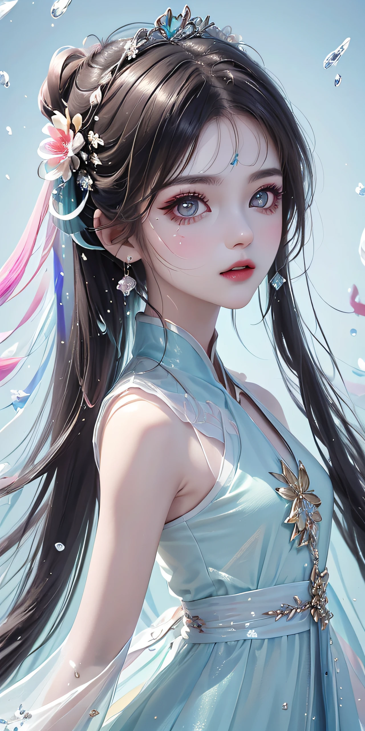 (Pink fashion T-Camisa,:1.9),(Colorful hair:1.8),(Rainbow all colors:1.8),((((Vertical painting:1.6))),(painterly:1.6),front side,comic,illustration,painterly,with big eyes,Crystal clear,(Iridescent gradient high ponytail:1.7),elaborate makeup,closed Mouth,(Small fresh:1.5),long lashes,White shoulder T- Camisa,, White Shoulder Shirt,looking at the viewers,watery big eyes,(rainbow color Hair:1.6), Color Splash, (solo:1.8), Color Splash, Color explosion, Color Splash, Color explosion, Thick lacquer style,Messy lines,((Shiny,)) ,(colorful), Thick Paint Style, (Splash) (Color Splash), Vertical Painting, upper body, Paint Splash, Acrylic Pigment, Gradient, Paint, Highest Image Quality, the highest picture quality, Masterpiece, Solo, depth offield, Face Paint, colorful clothes, (elegence: 1.2), Ornate, long haired, aeolian, (elegence: 1.3), (petaled: 1.4),(((master masterpiece))),(((the best quality t))),((ultra Detailed)),(illustartion),(Dynamic Angle),((floating)),(painti),((Loose hair)),(solo),(1girl) , (( (Detailed anima face))),((Beautiful detailed face)),collars,Shoulders exposed,White Hair,((colourfel hair)),((streaked hair)),Beautiful detailed eyes,(Gradient eyes),(( (color eyes))),(((colorfully background))),(((high satur))),(((Surrounded by colorful splashes))),(Hanfu)