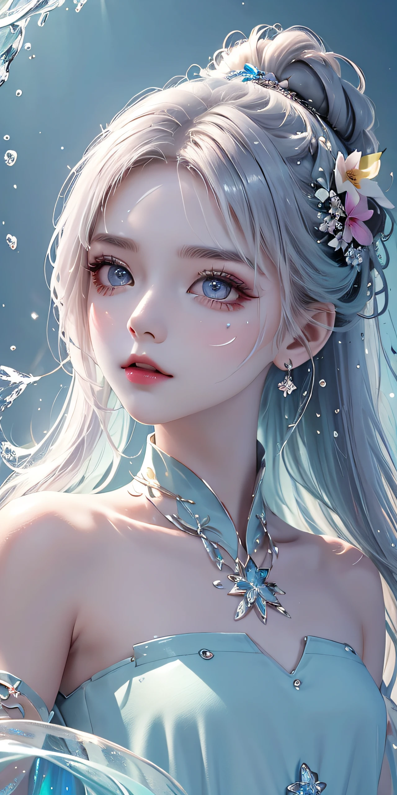 (Pink fashion T-Camisa,:1.9),(Colorful hair:1.8),(Rainbow all colors:1.8),((((Vertical painting:1.6))),(painterly:1.6),front side,comic,illustration,painterly,with big eyes,Crystal clear,(Iridescent gradient high ponytail:1.7),elaborate makeup,closed Mouth,(Small fresh:1.5),long lashes,White shoulder T- Camisa,, White Shoulder Shirt,looking at the viewers,watery big eyes,(rainbow color Hair:1.6), Color Splash, (solo:1.8), Color Splash, Color explosion, Color Splash, Color explosion, Thick lacquer style,Messy lines,((Shiny,)) ,(colorful), Thick Paint Style, (Splash) (Color Splash), Vertical Painting, upper body, Paint Splash, Acrylic Pigment, Gradient, Paint, Highest Image Quality, the highest picture quality, Masterpiece, Solo, depth offield, Face Paint, colorful clothes, (elegence: 1.2), Ornate, long haired, aeolian, (elegence: 1.3), (petaled: 1.4),(((master masterpiece))),(((the best quality t))),((ultra Detailed)),(illustartion),(Dynamic Angle),((floating)),(painti),((Loose hair)),(solo),(1girl) , (( (Detailed anima face))),((Beautiful detailed face)),collars,Shoulders exposed,White Hair,((colourfel hair)),((streaked hair)),Beautiful detailed eyes,(Gradient eyes),(( (color eyes))),(((colorfully background))),(((high satur))),(((Surrounded by colorful splashes))),(Hanfu)