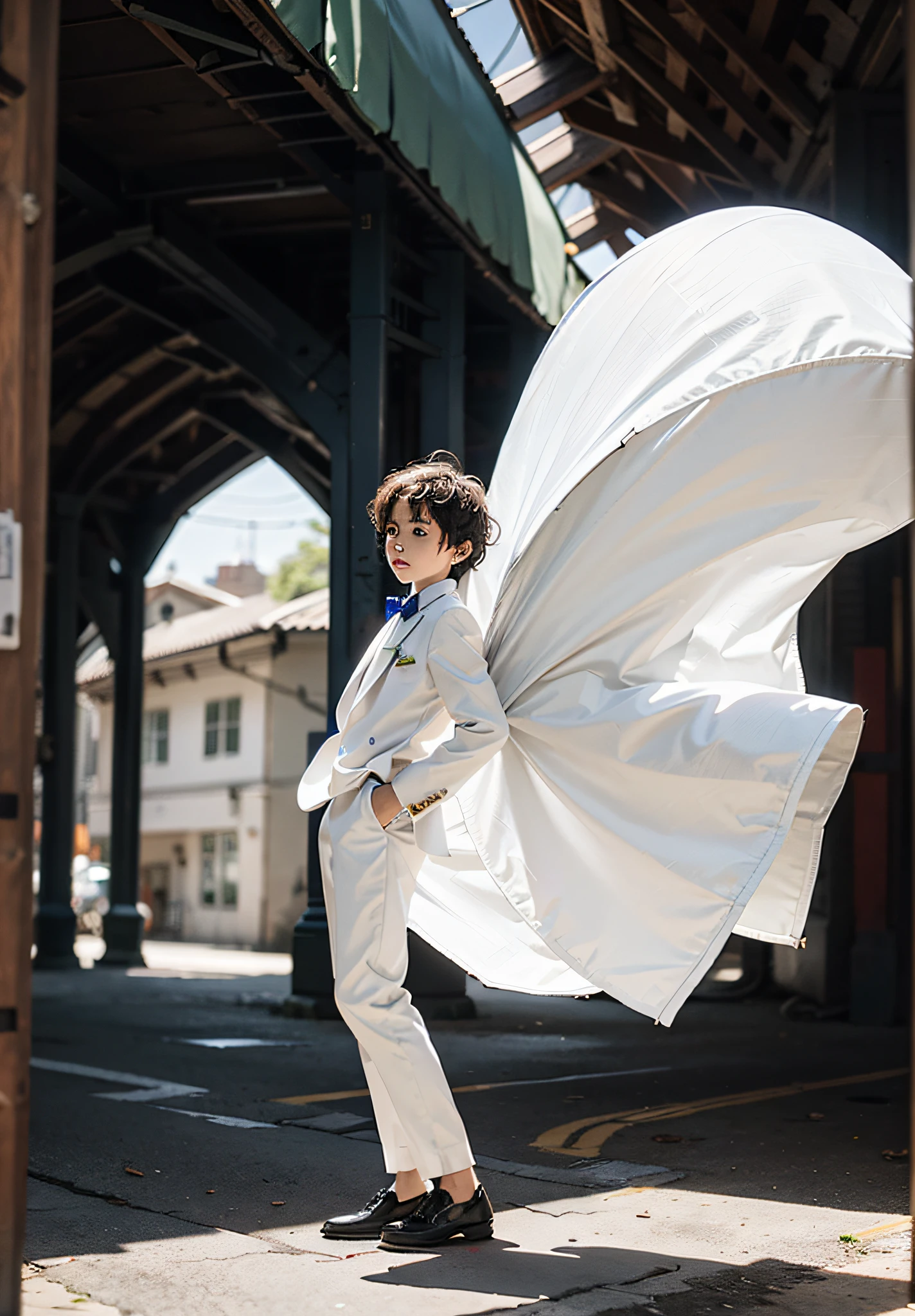 A in a plain white suit, side view, six-year-oboy,se th-piece white suit