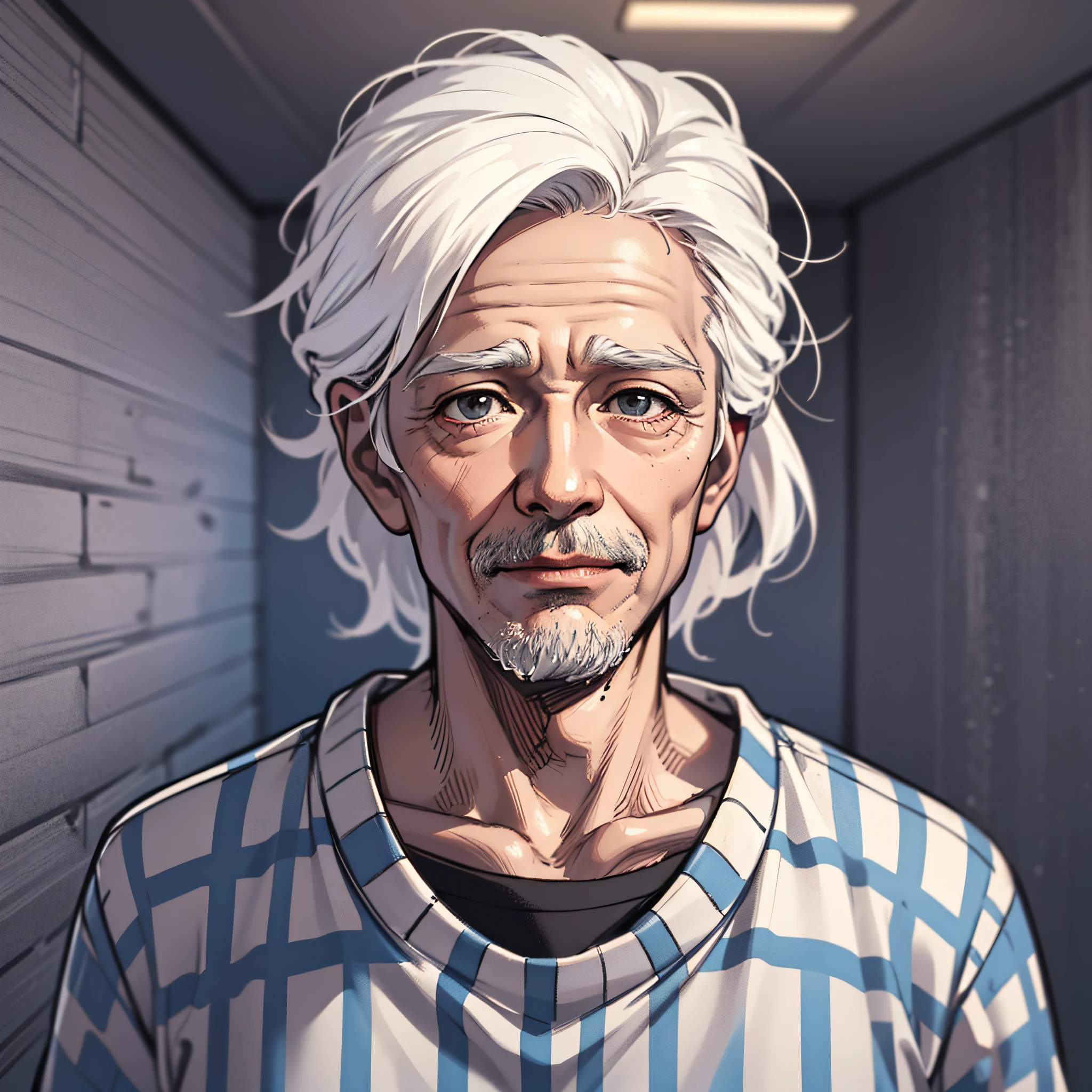 An old man in a striped shirt（White Hair，wrinkles），In prison，4K