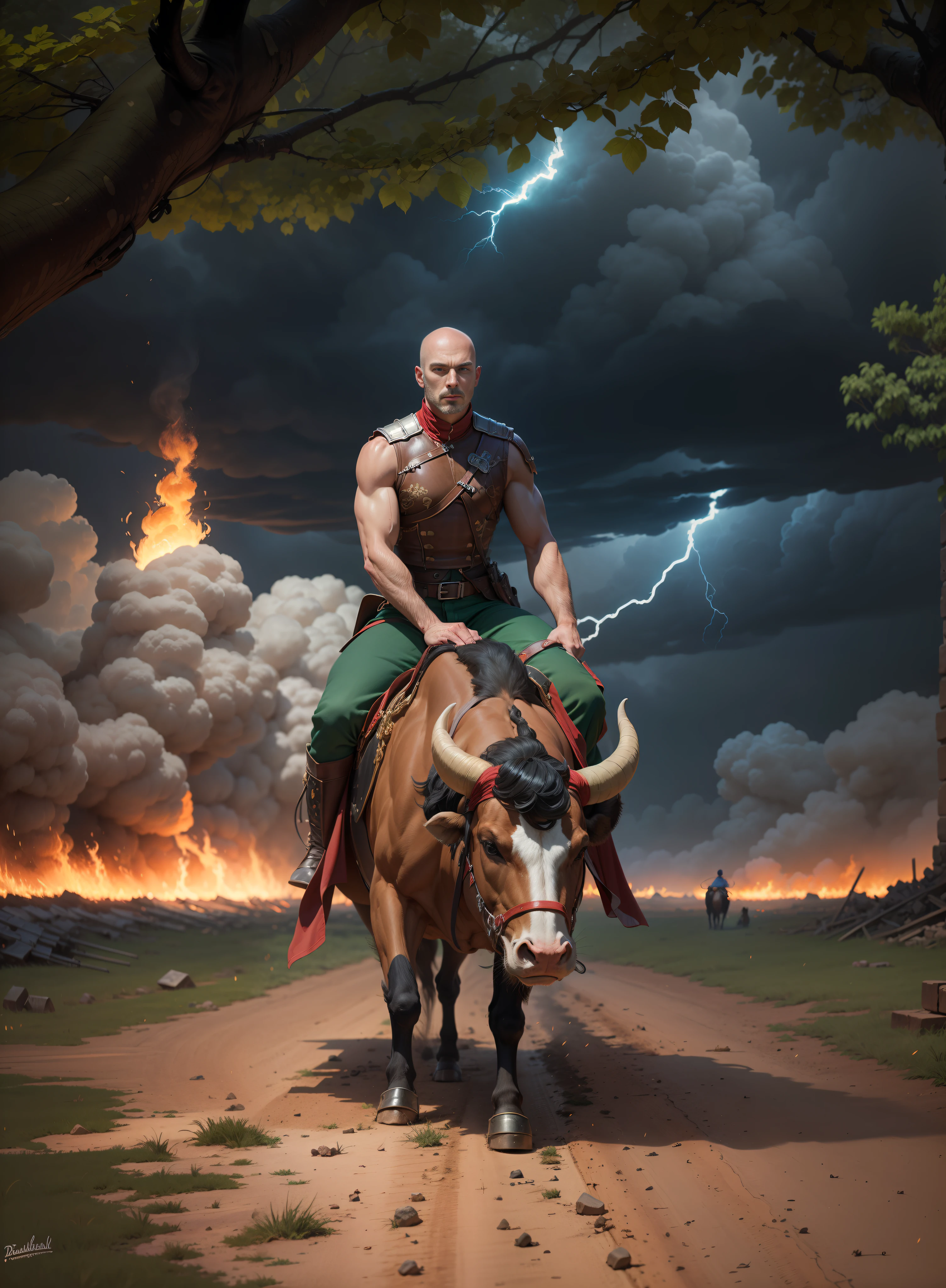 A masculine handsome man with bald riding a bull, war battle, fire, dark smoke, green and blue lightning, dark clouds