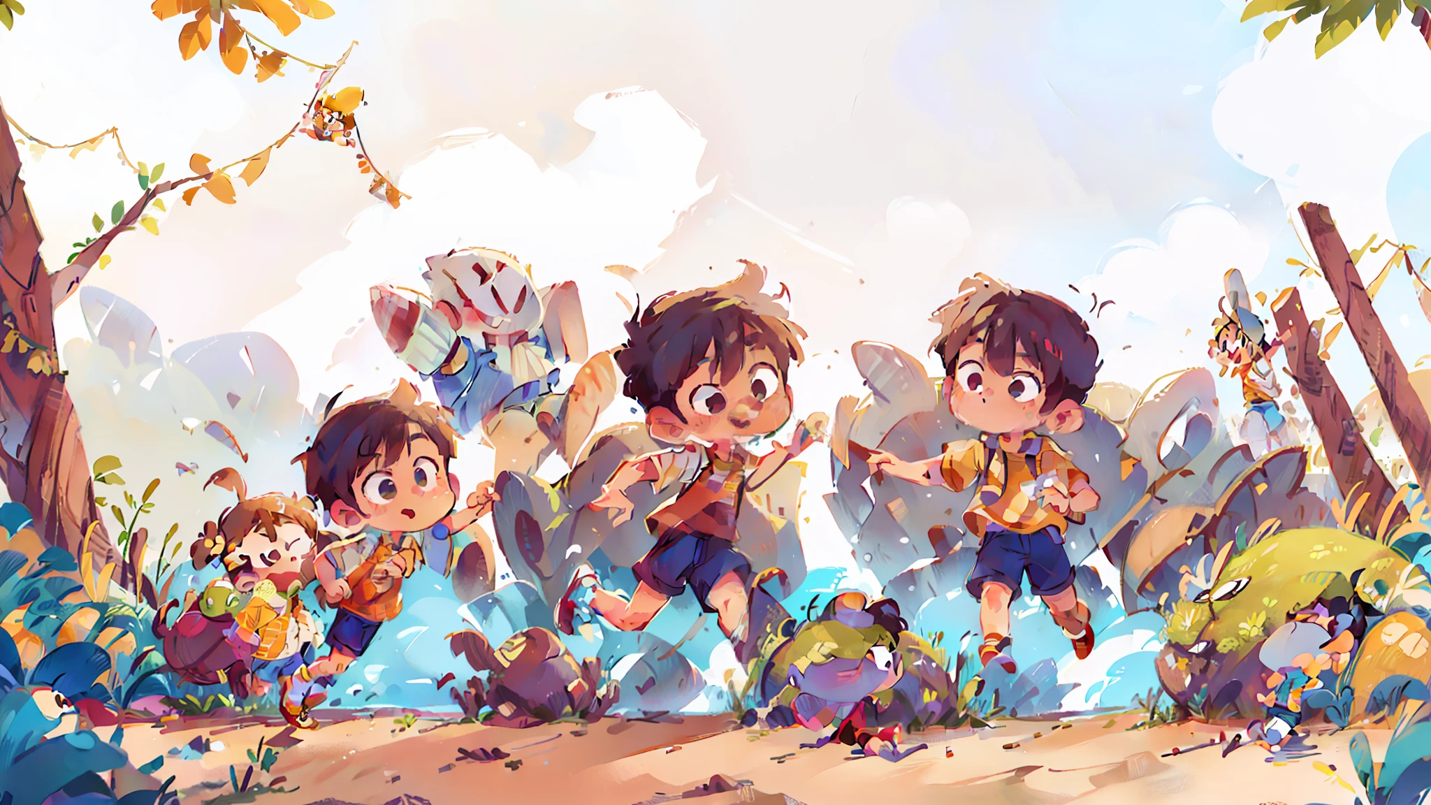 Two handsome boys sunny positive energy boys, an Asian boy, a European boy, chibi proportions, stylish shoes, full body, seaside running and jumping action, background with sun, sand, sea, blender, candy color, fashion trend, super details