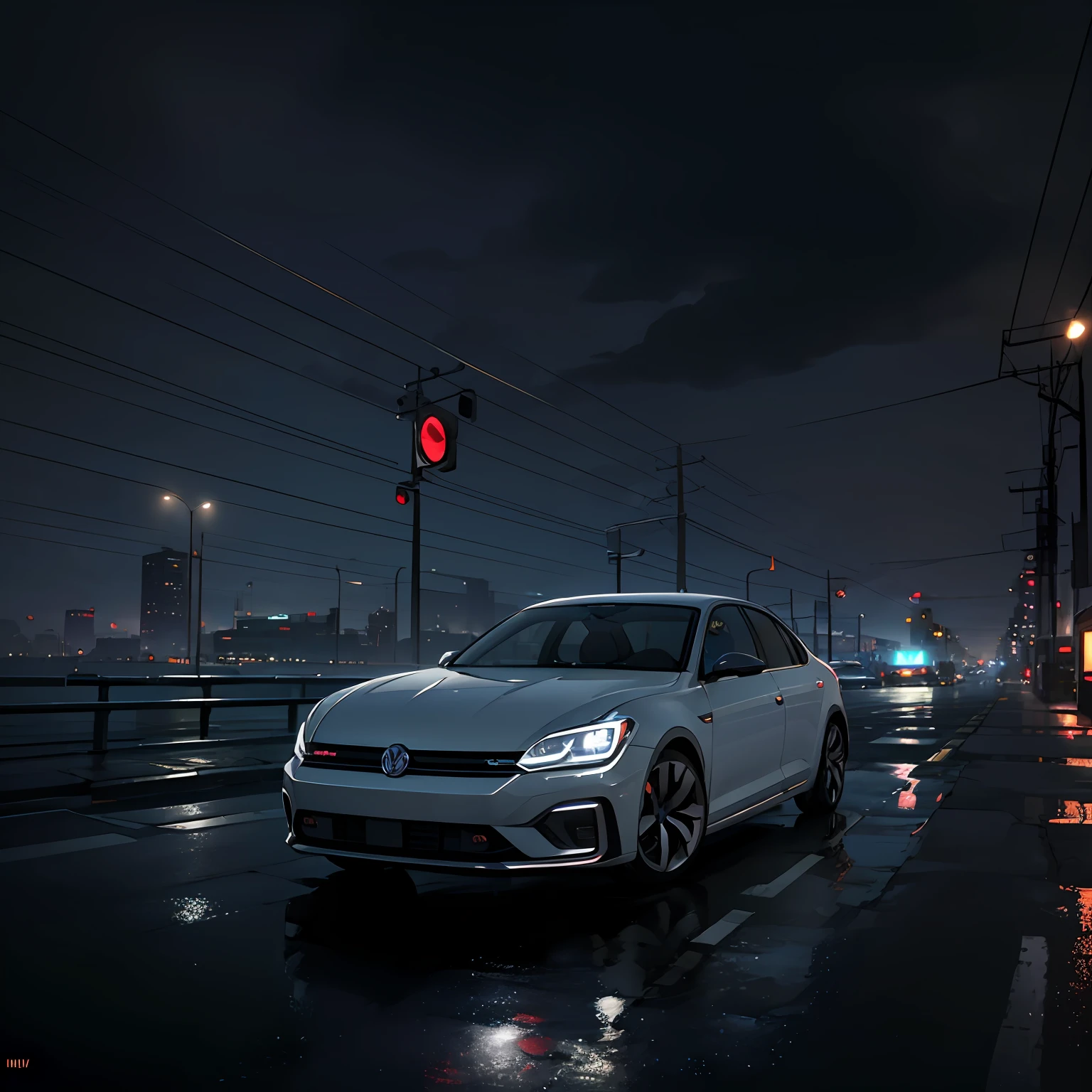 In a misty drizzle,A silver Volkswagen sedan at high speed,Cyberpunk streets,Streamlined body,The light is staggered,Futuristic,dark cloud, thunderstorm, Dramatic lighting, (master masterpiece:1.2),The best quality,High resolution,Beautifully detailed,Excellent details,The lighting is perfect, --auto