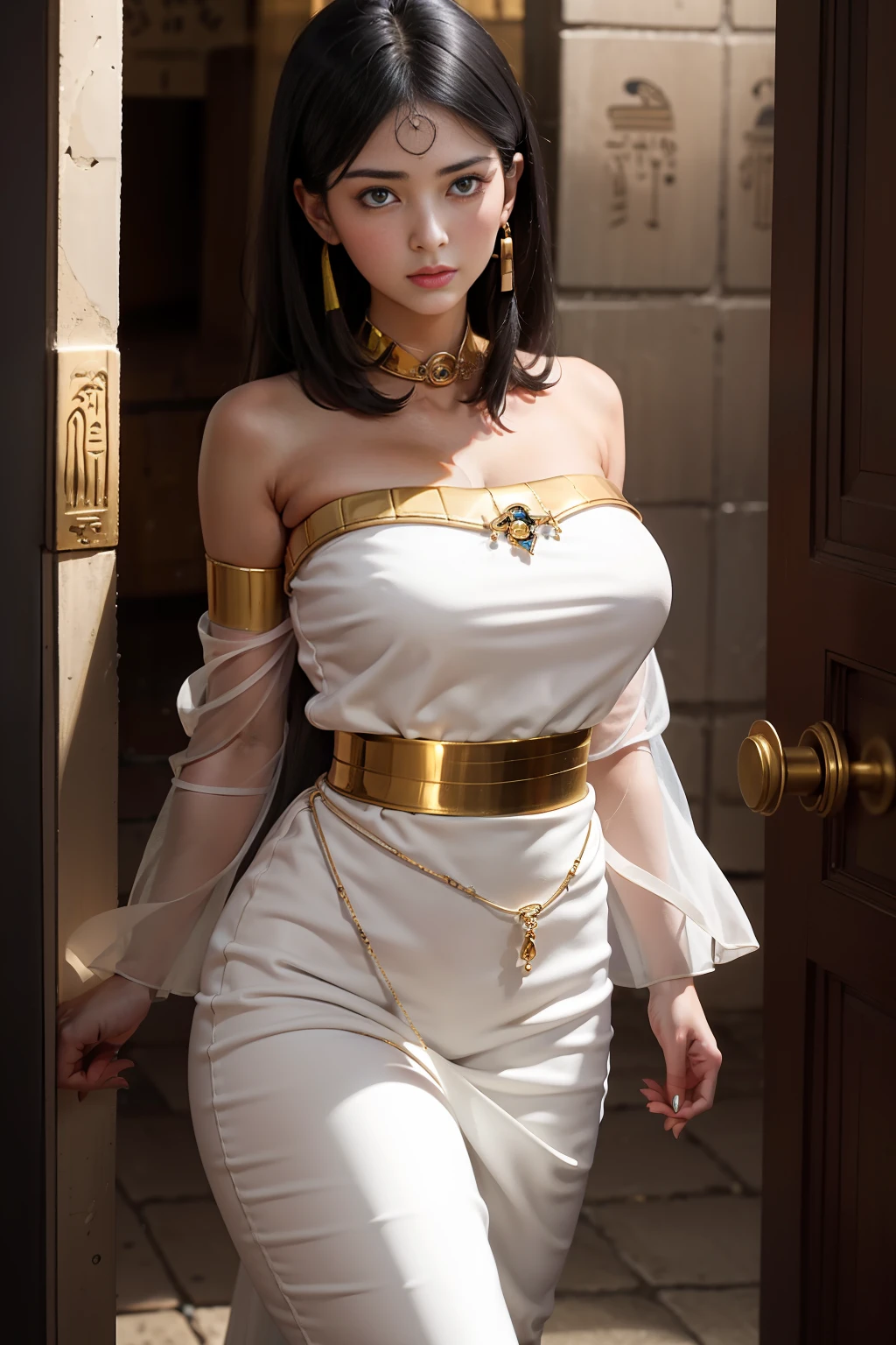 The woman was imprisoned in an Egyptian dungeon，master masterpiece，1girl，Slim Figure，Black Short Hair，White skin，solo，blueeyes，Qi bangs，smal breasts，jewellery，with big eyes，gigantic tits，The gold，Choker，Bare shoulders，bangles，wide sleeves，Cover the，The Eye of Horus，open shoulders，hairtubes，Seductive expressions，Aggrieved expression，mature woman，Beautiful short black shoulder-long haired，strong winds，Beautiful long legs