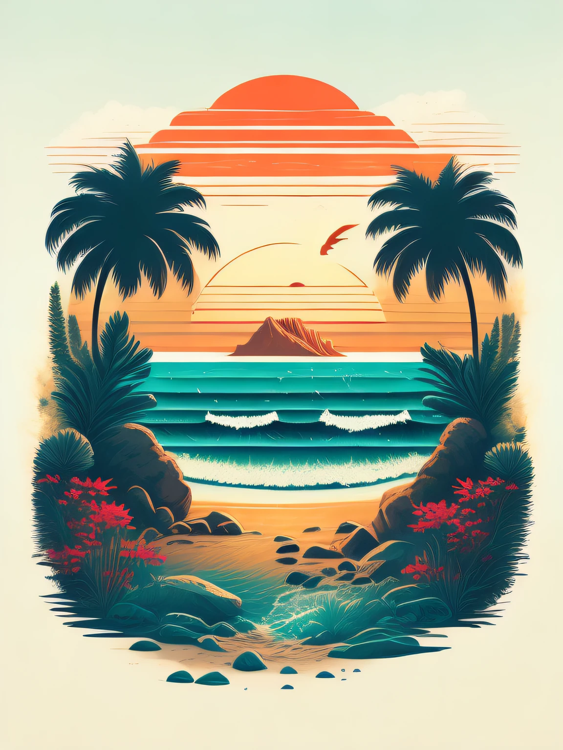 A poster of a sunset with palm trees and a beach - SeaArt AI