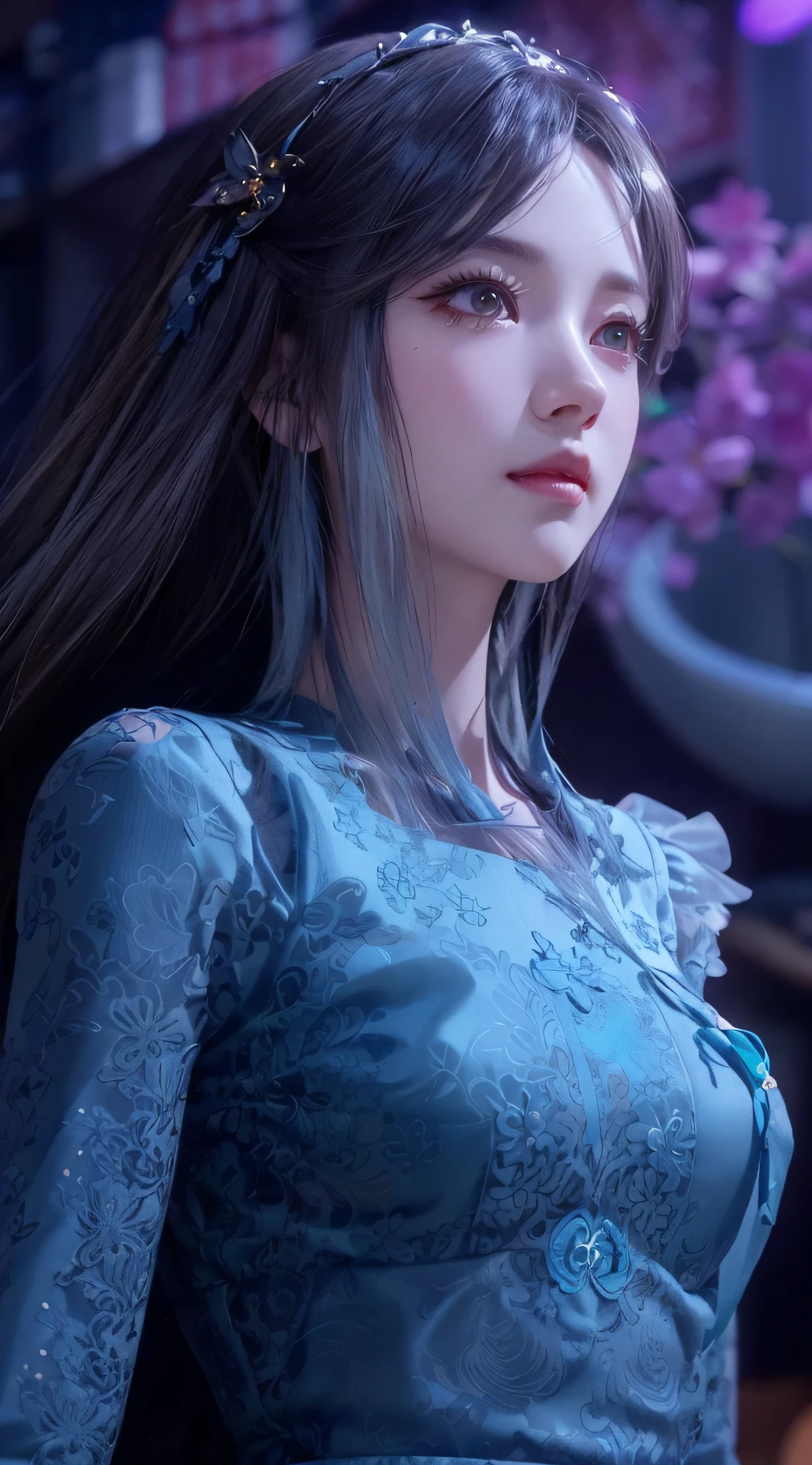 a close up of a woman with long hair and a blue dress, game cg, smooth anime cg art, intricate ornate anime cgi style, full body xianxia, cinematic goddess close shot, hyperdetailed fantasy character, 3 d anime realistic, anime cgi, 4 k detail fantasy, close up character, 3 d render character art 8 k, 8k high quality detailed art