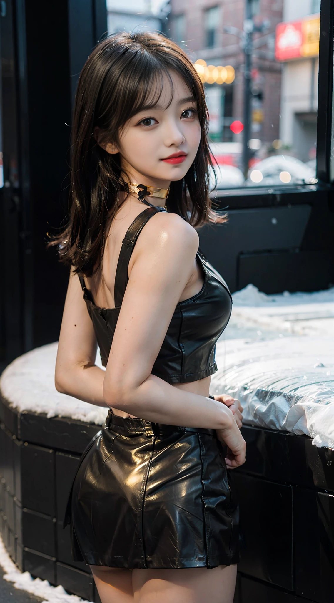 Best Quality, masuterpiece, Super high resolution, (photoreal: 1.4), Original Photo, Head Photo, Snow White Skin, sinnpuru　BACKGROUND, Detailed eye,  1 Girl, Look at the Viewer,Middle chest、***、Sorrisos、Baby Face、Taiwanese Beautiful Girl Idol、Transparent black tank top、(extremely short leather miniskirts:1.4)、(((Miniskirt with visible lower buttocks)))、(Golden Choker:1.4)、Shiny red high heels、(((Shiny red lips)))、Shiny black stockings、Sexy thighs、Sweaty skin:1.3、Glowing black hair、