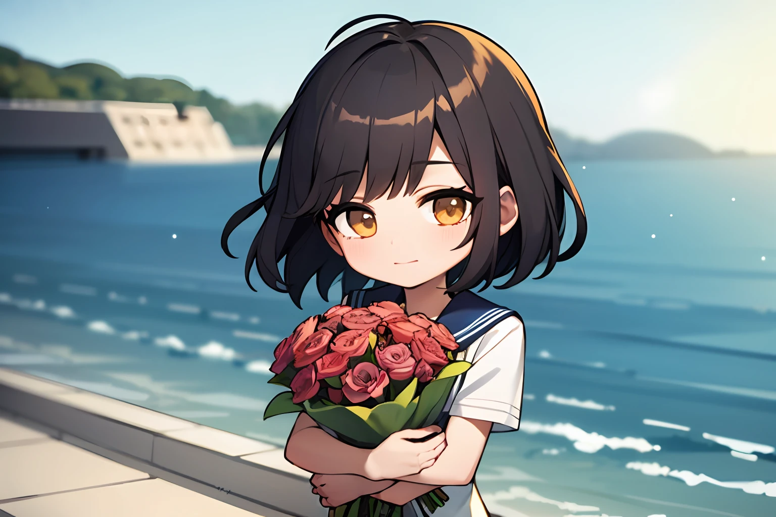 Holding a bouquet、Hug a bouquet of flowers、The girls、mignon、sailor outfit、dark short hair