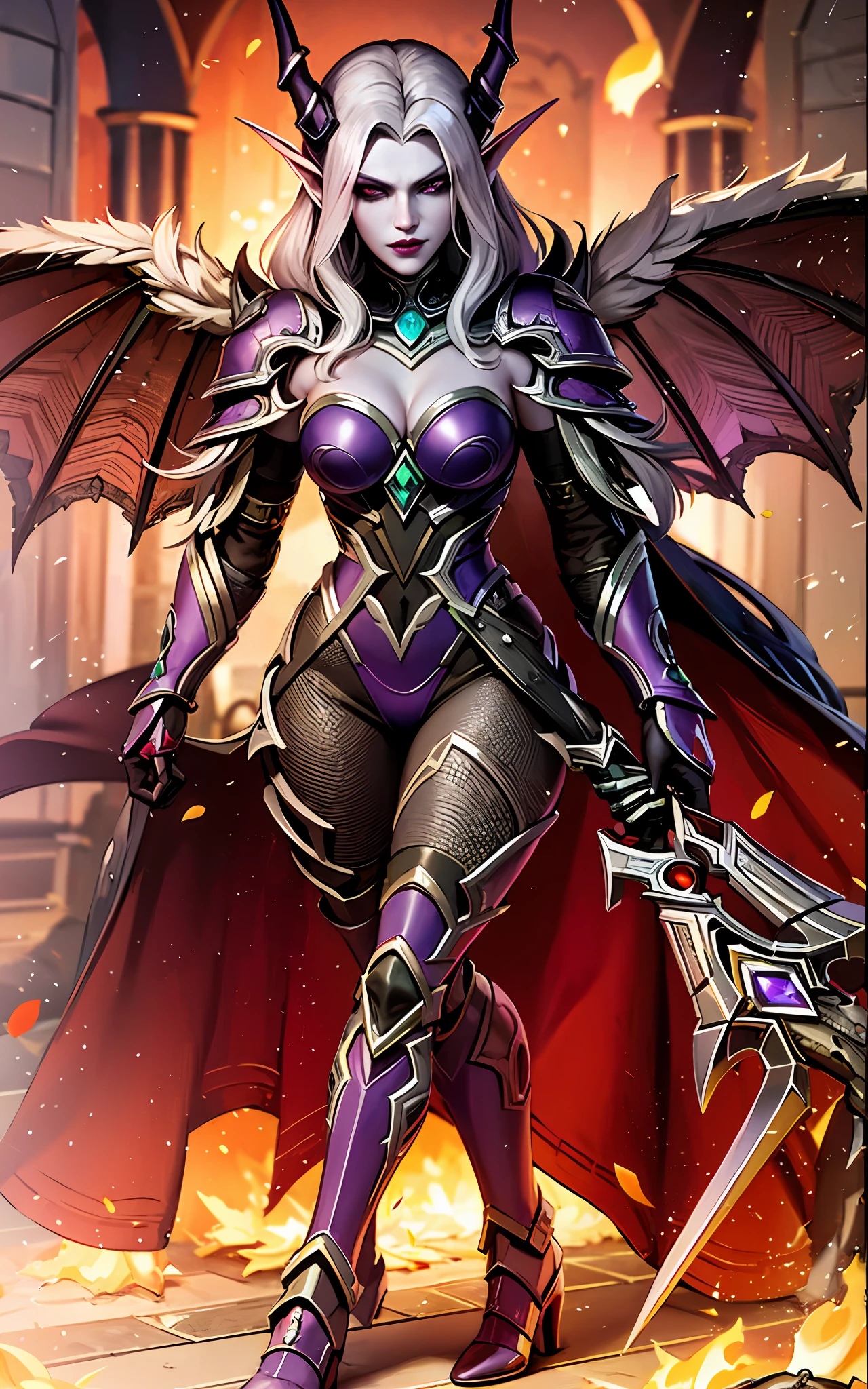 Anime - style painting of a woman in a purple dress and a black cape, lolth, Dunkle Zauberin Vollansicht, evil sorceress, Dunkle Zauberin, appears as the fire goddess, Karthus aus League of Legends, /!\ Die Zauberin, diablo 4 queen, the queen of blades, Zauberin, beautiful dark elf countess