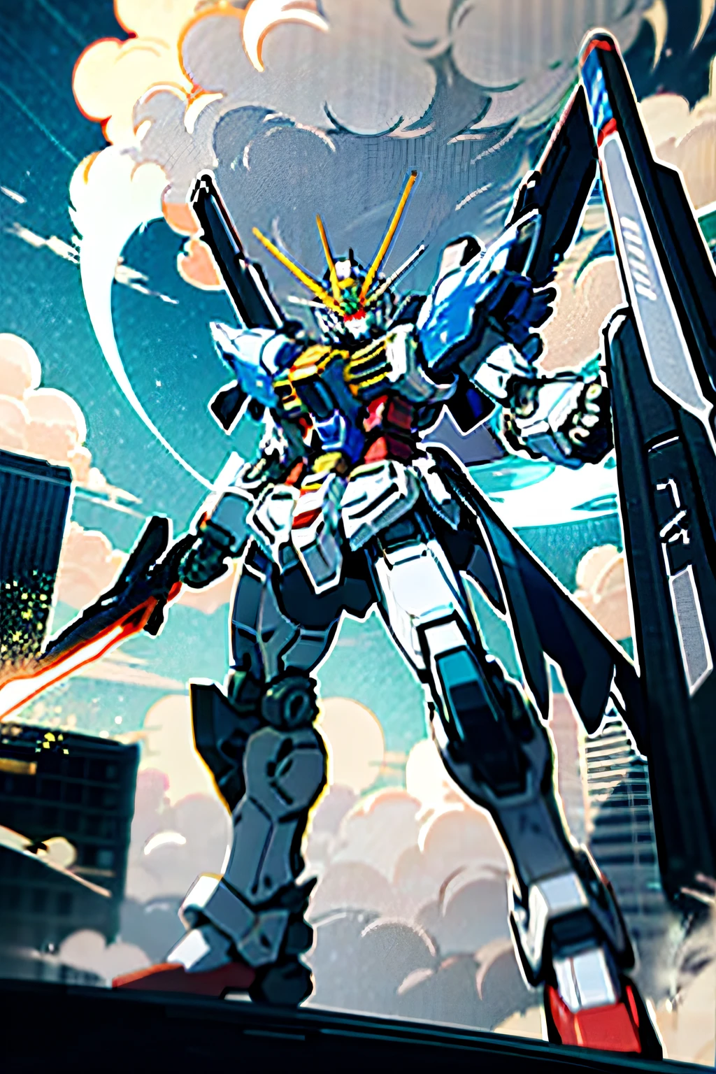 sky, cloud, holding_weapon, no_humans, glowing, robot, building, glowing_eyes, mecha, science_fiction, city, real, mecha, masami ohari, gundam