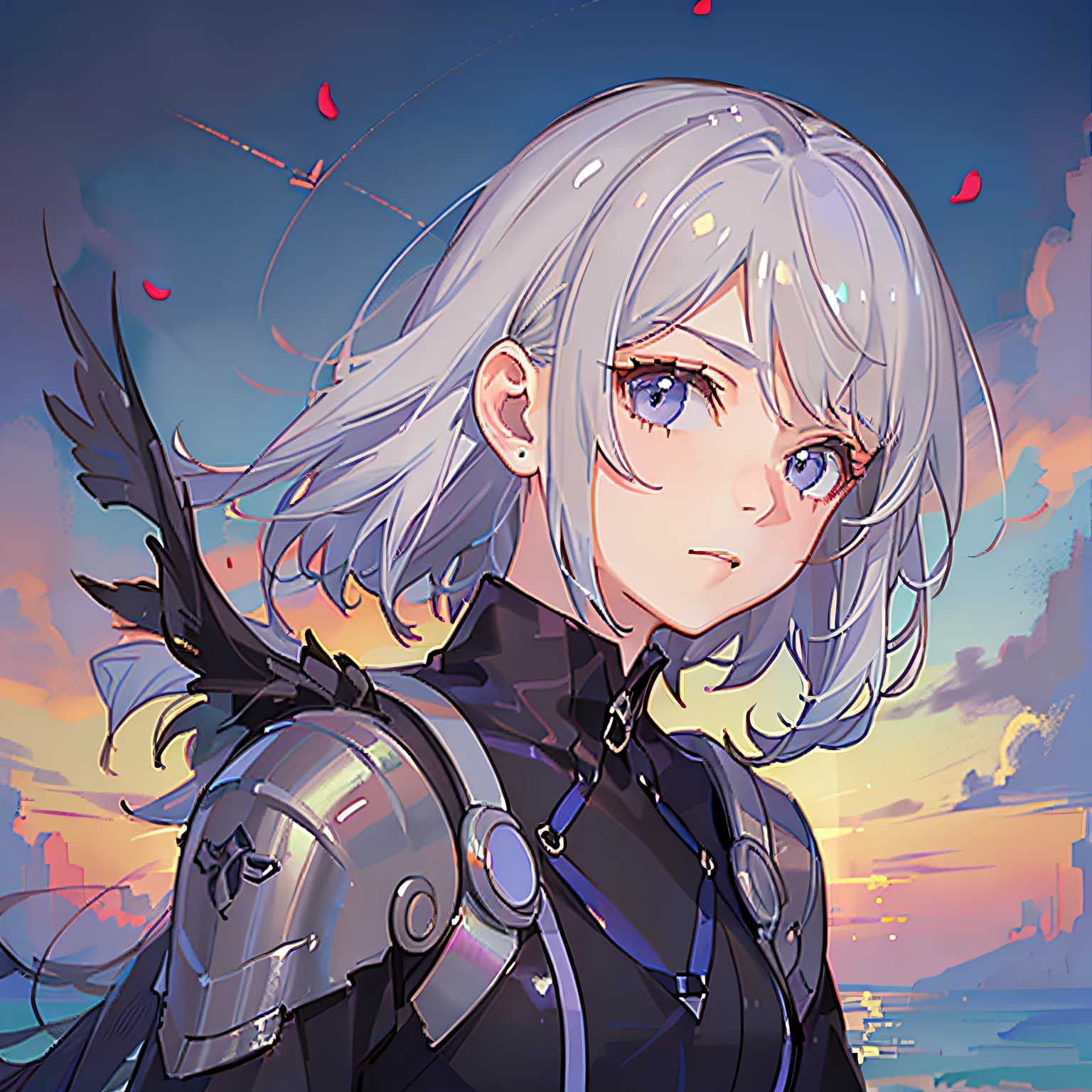 1girl,short silver hair,short silver hair,short silver hair,Light purple eyes,少女,flat chested,Short and pointed face,Aggressive,Black armor,Black clothes,Black clothes,Black clothes,Translucent white streamers on the shoulders,sci fi,Beach full of flowers,landscape,,beatiful,delicate,madness,haughty,Determination,beste Quality,Detail,Atmosphere,master masterpiece,,best quarity
