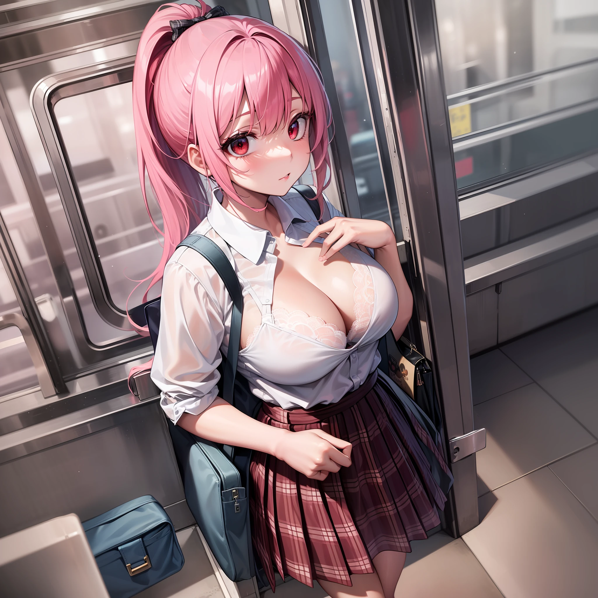 solo、detailed Face、long eyelash、Detailed eye、(High Ponytail:1.3)、(red eye:1.3)、(Pink hair and white mesh:1.2)、large breast cleavage、slimness、Tartan checked skirt、angle from above、white school uniform、Light blue and white lace sheer lingerie、FULL BODY、On the way to school、Bag、Inside a crowded bus、Gripped by the railing