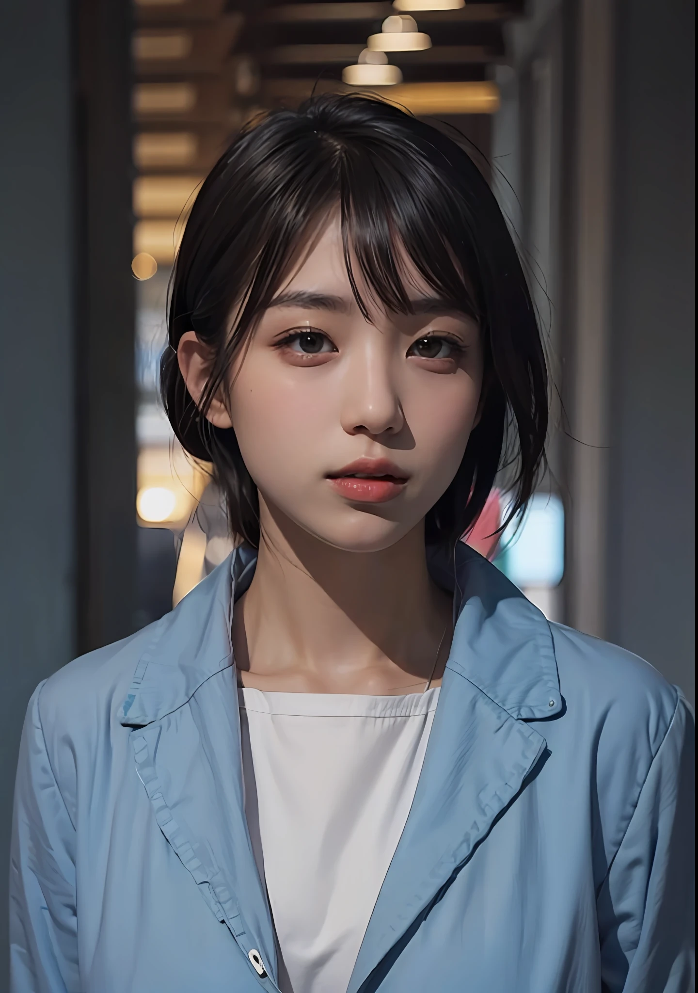 dark short hair、Light Blue Jacket