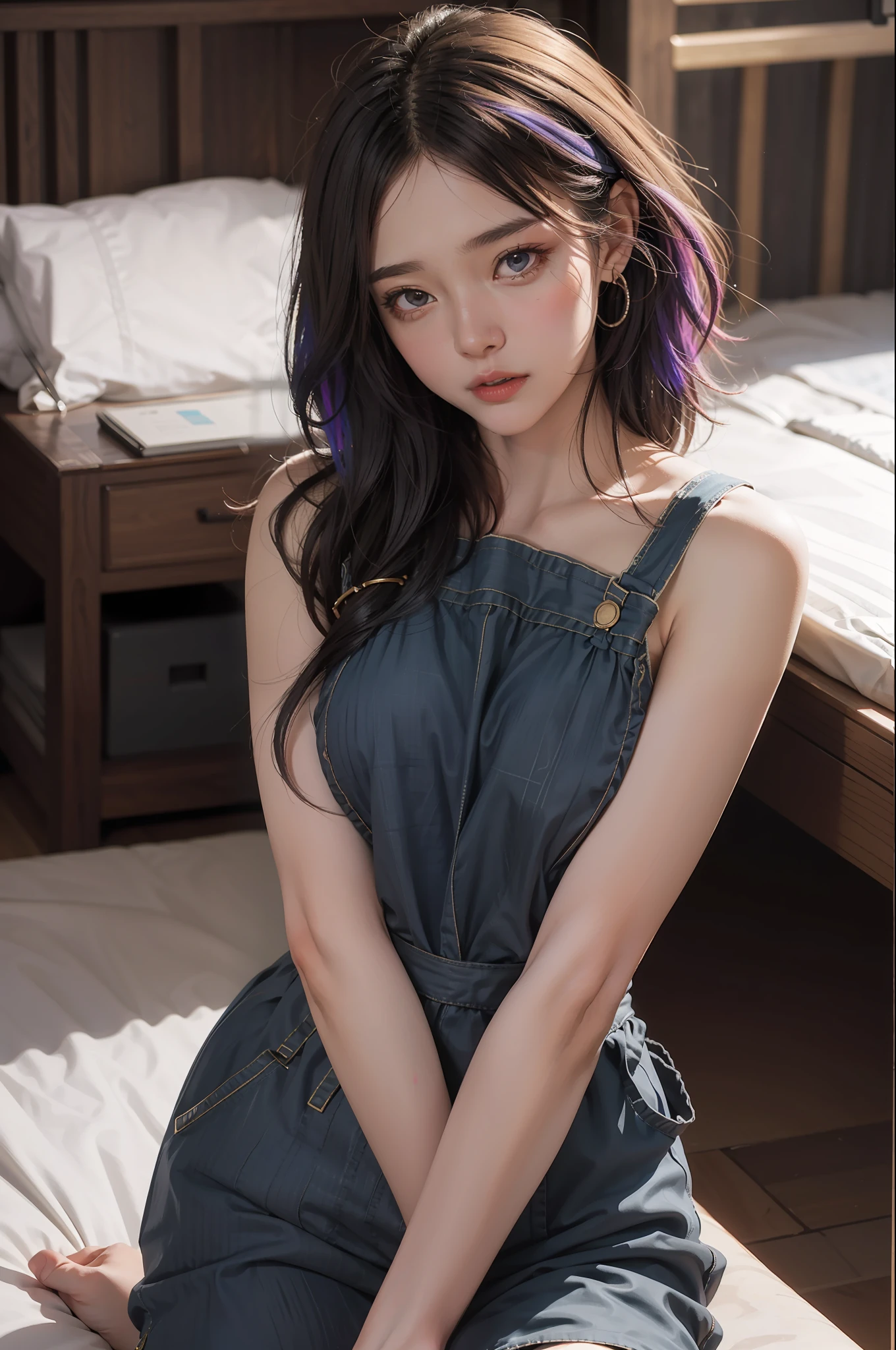 concept art by theCHAMBA，Wisps of overhead angles，wearing Funny Somali Emerald deep orange Pinafore，bobed hair，fluorescent purple Hair tie，等距柱状柱状360，High res，[（The art of Willie Baumeister：1.1），（John T.Biggs' art：1.2）：：17]，official arts，Unity 8k壁纸，ultra Detailed，Aesthetics，master masterpiece，best best quality，PhotoRealistic