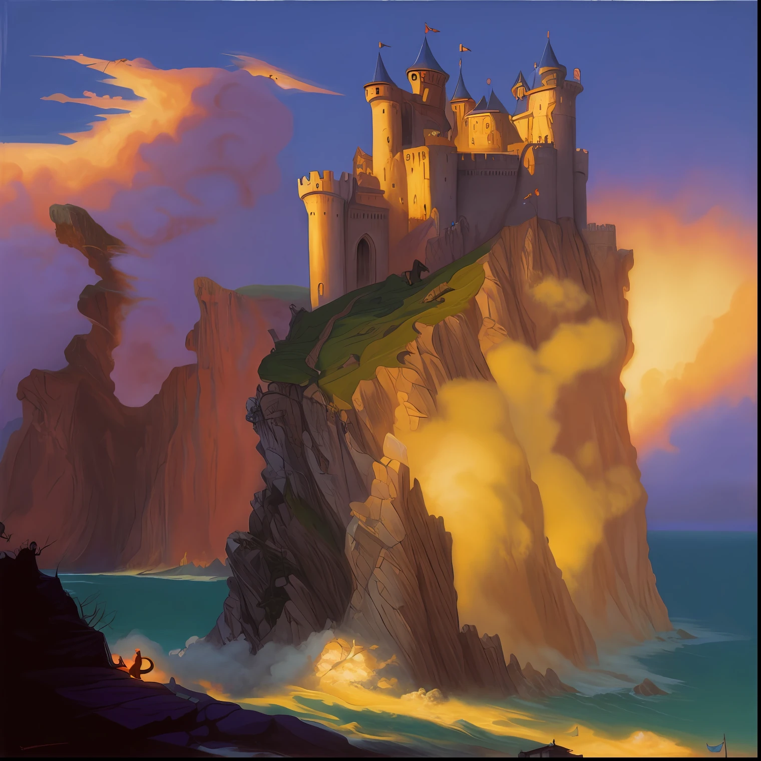 painting of a castle on a cliff overlooking the ocean, flying cloud castle, style of tim hildebrandt, scarry castle)). mystical, fantasy castle, micheal whelan, high fantasy castle, michael whelan art, realistic fantasy painting, scarry castle). mystical, by Tim Hildebrandt, michael whelan and gustave done, сastle on the rock, fantasy oil painting