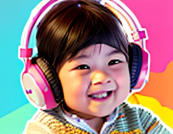 Cute baby smiling with headphones，A happy expression when listening to music