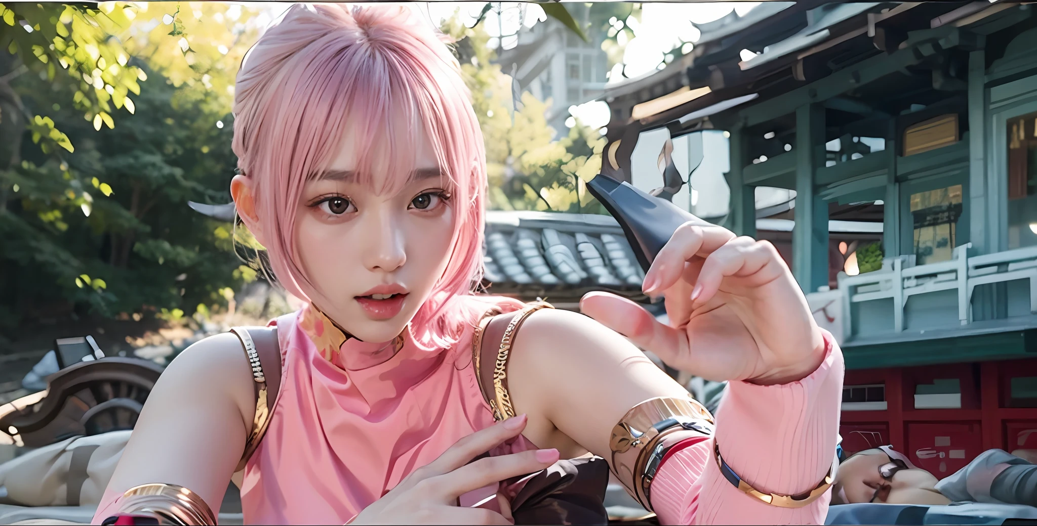 Pink hair,Pink china clothes、Dull Bangs、1girl,solo、、、、,Flashy hair、PHOTOREALISTIC, HIGH DEFINITION, 1 女の子、Colorful hair color, korean people,、、、、sleeveless