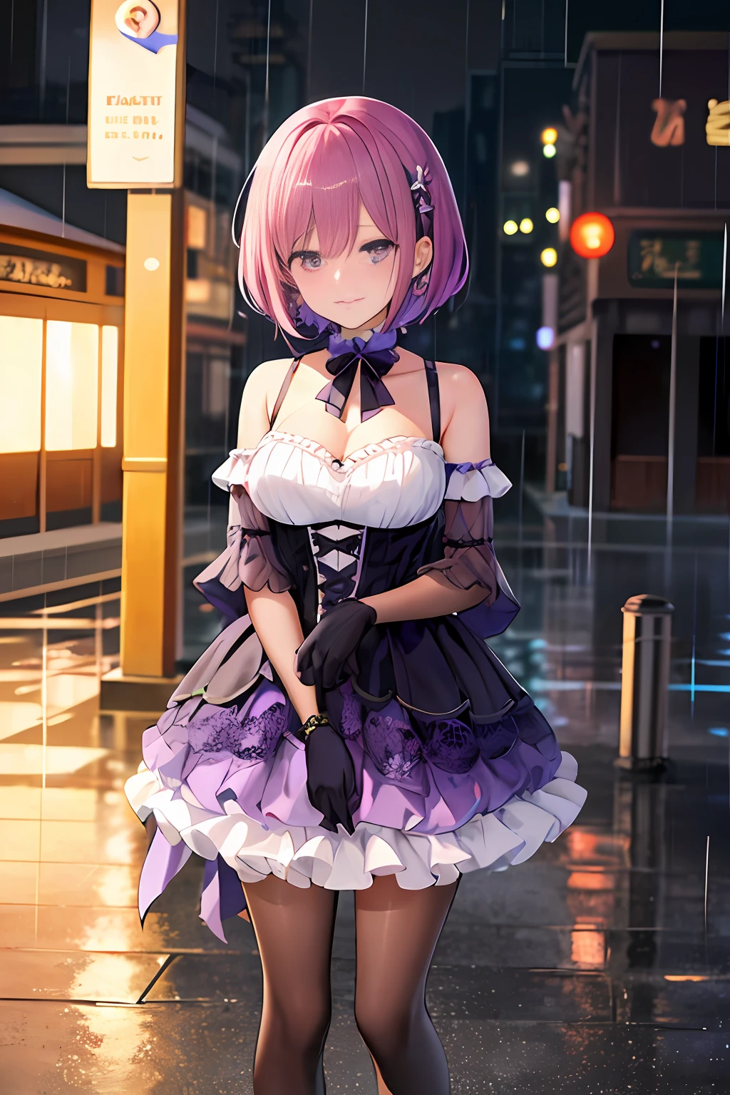 Anime girl in purple dress,Short fuchsia hair,bobed hair,Purple eyes,The expression of sad crying,Purple and black European lace dress,ta dress,open shoulders,White Bikini,Purple-black sleeves,Purple-Black Gloves,Black short heels,Decorated with pale gold clothes,seductive anime girls,Standing in the rainy streets at night,Heavy rain weather,halfbody,Ultraclear,ultra Detailed,best best quality,master masterpiece,