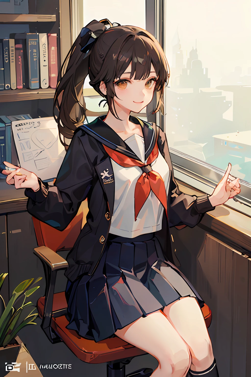 (）Best Picture Quality, most details，The most lifelike),(hdt，Personalized makeup， Pleated skirt，Blunt bangs cover the forehead,The single braid hangs down the chest，Medium milk，Brown eyes，black，/Brown hair high ponytail),(The best light and shadow, Sorrisos，Brown eyes)，(Role diagram), Hair gradients(+High horsetail:1.2)，with a simple background，whiteshirt， Knee， White sock， Pleated skirt， hair bangs， black sailor collar， neckline， a black skirt， LONG SLEEVES， Library， sits、