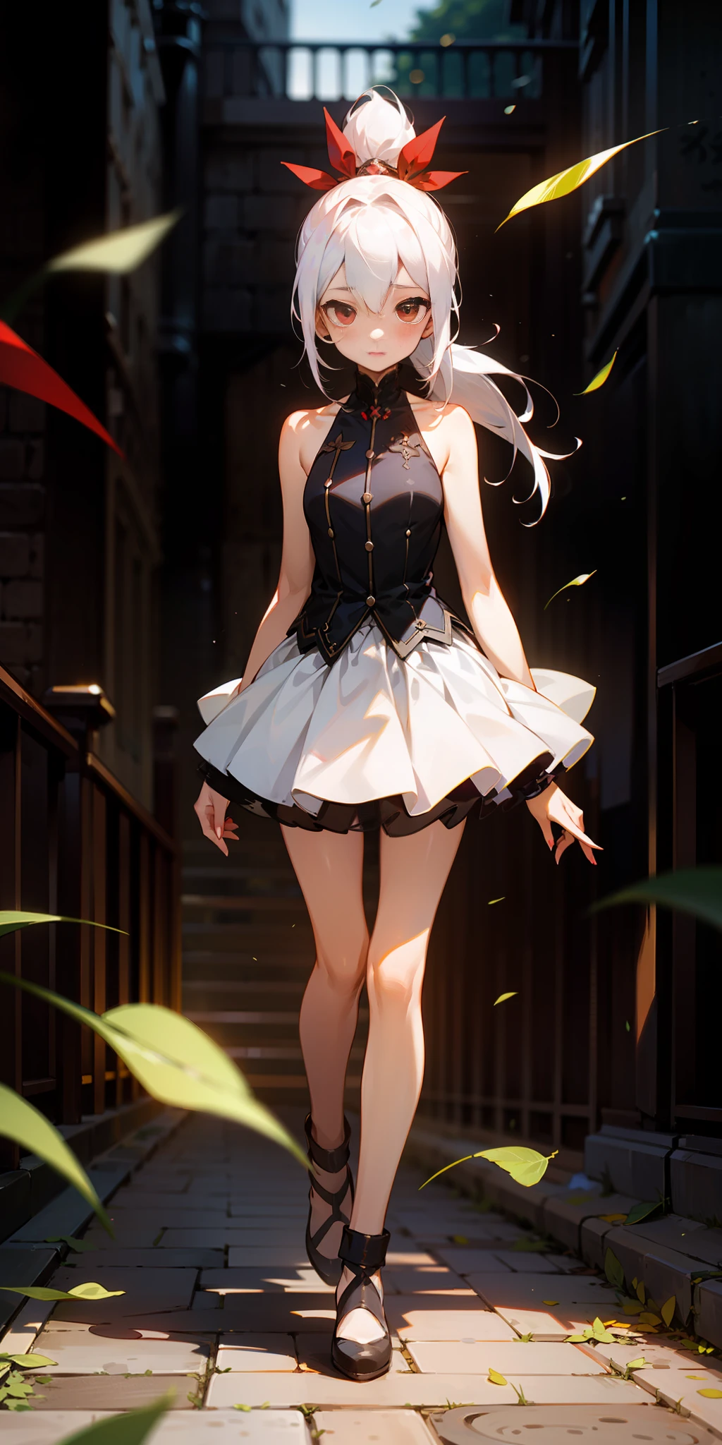 (maximum quality)，(depth offield)，(full body)，lovely，rich detail，(white hair)，Two-dimensional，long ponytail，Light red eyes，Red hair accessories，[blushed]，(Shying)，Sleeveless，open shoulders，the street，leafs falling