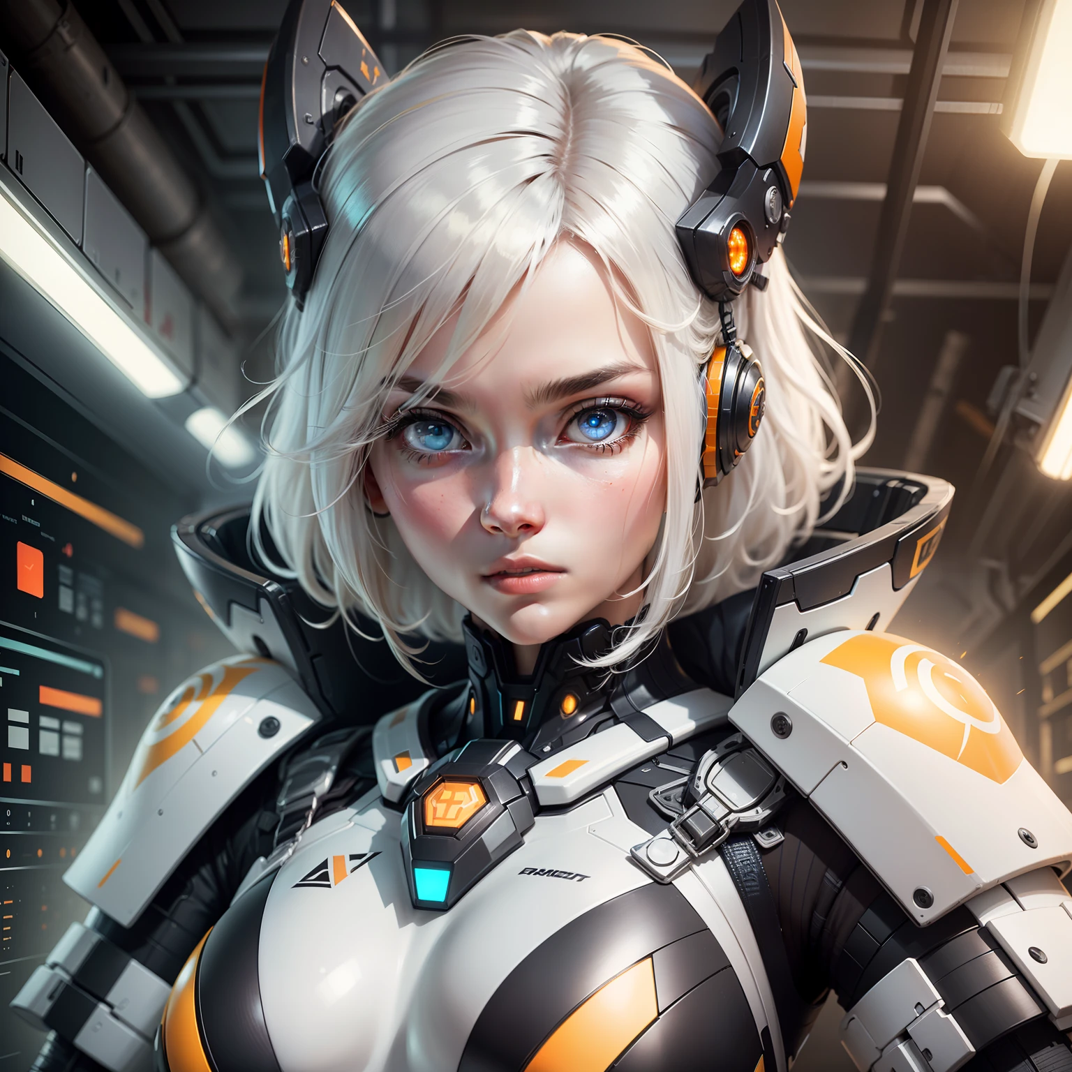upper body, portrait, robot,white orange armor, white shimmering hair, neon light, 8K, RAW, best quality, masterpiece, ultra high res, colorful, (medium wide shot), (dynamic perspective), sharp focus ,depth of field, extremely detailed eyes and face, beautiful detailed eyes,large breasts,(black gold, trimmed gear:1.2),(In a futuristic weapons factory:1.2),