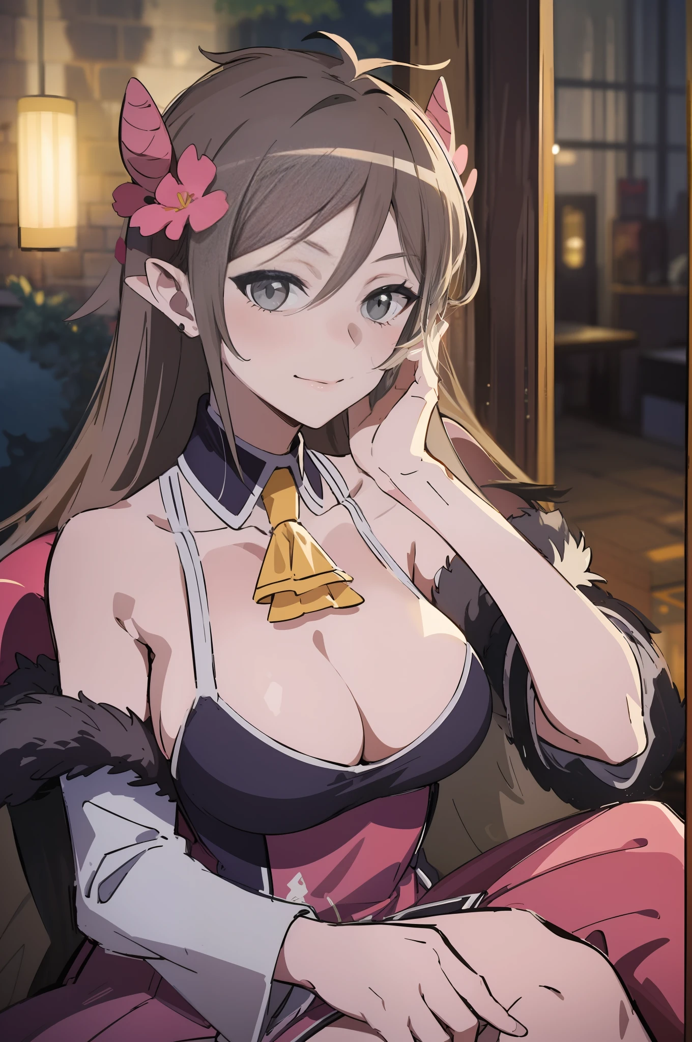 masterpiece, best quality, ultra-detailed, illustration, photo of a beautiful woman,gray hair,hair ornament ,wearing pink dress , sitting outside of restaurant,rim lighting, studio lighting,skin texture,skin pores , hyper detailed, 8k ultra UHD, --tall:1.1.5