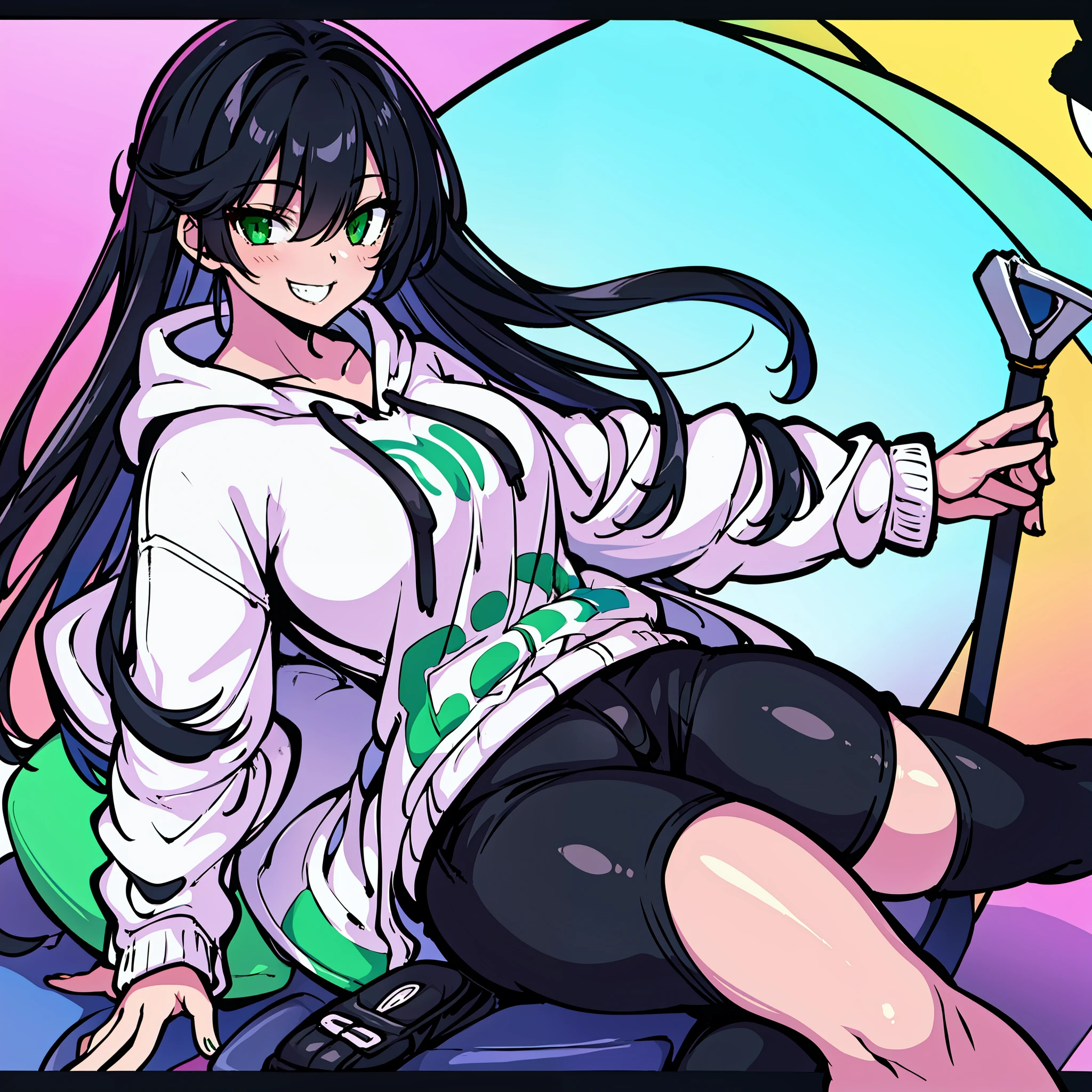 Suggestive, Sexy, thicc, adult female Human, light skin, grinning, black long hair, green eyes, wearing a white hoodie and black pants with pink Masterpiece, high quality, 1girl, solo