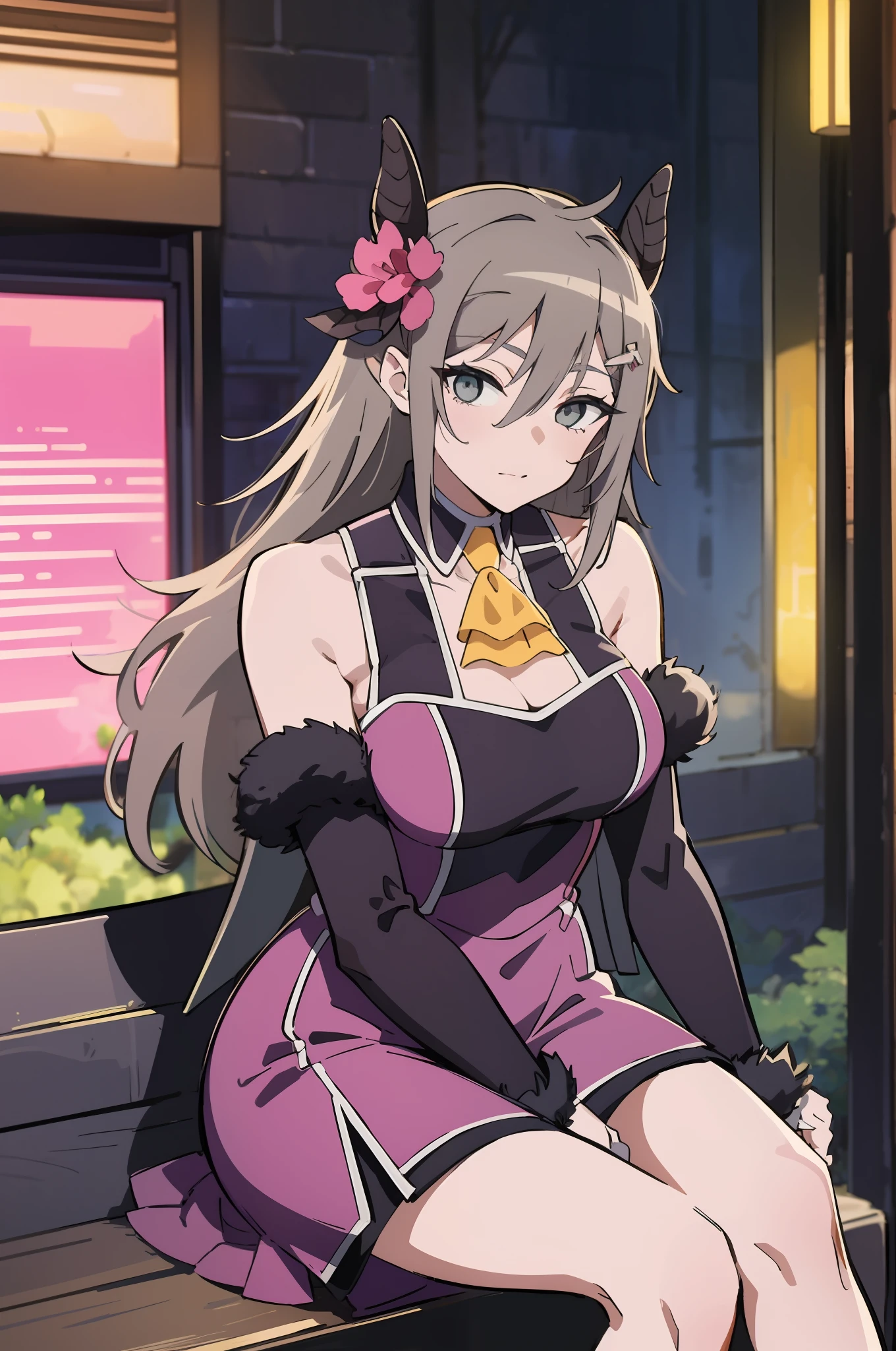 masterpiece, best quality, ultra-detailed, illustration, photo of a beautiful woman,gray hair,hair ornament ,wearing pink dress , sitting outside of restaurant,rim lighting, studio lighting,skin texture,skin pores , hyper detailed, 8k ultra UHD, --tall:1.1.5