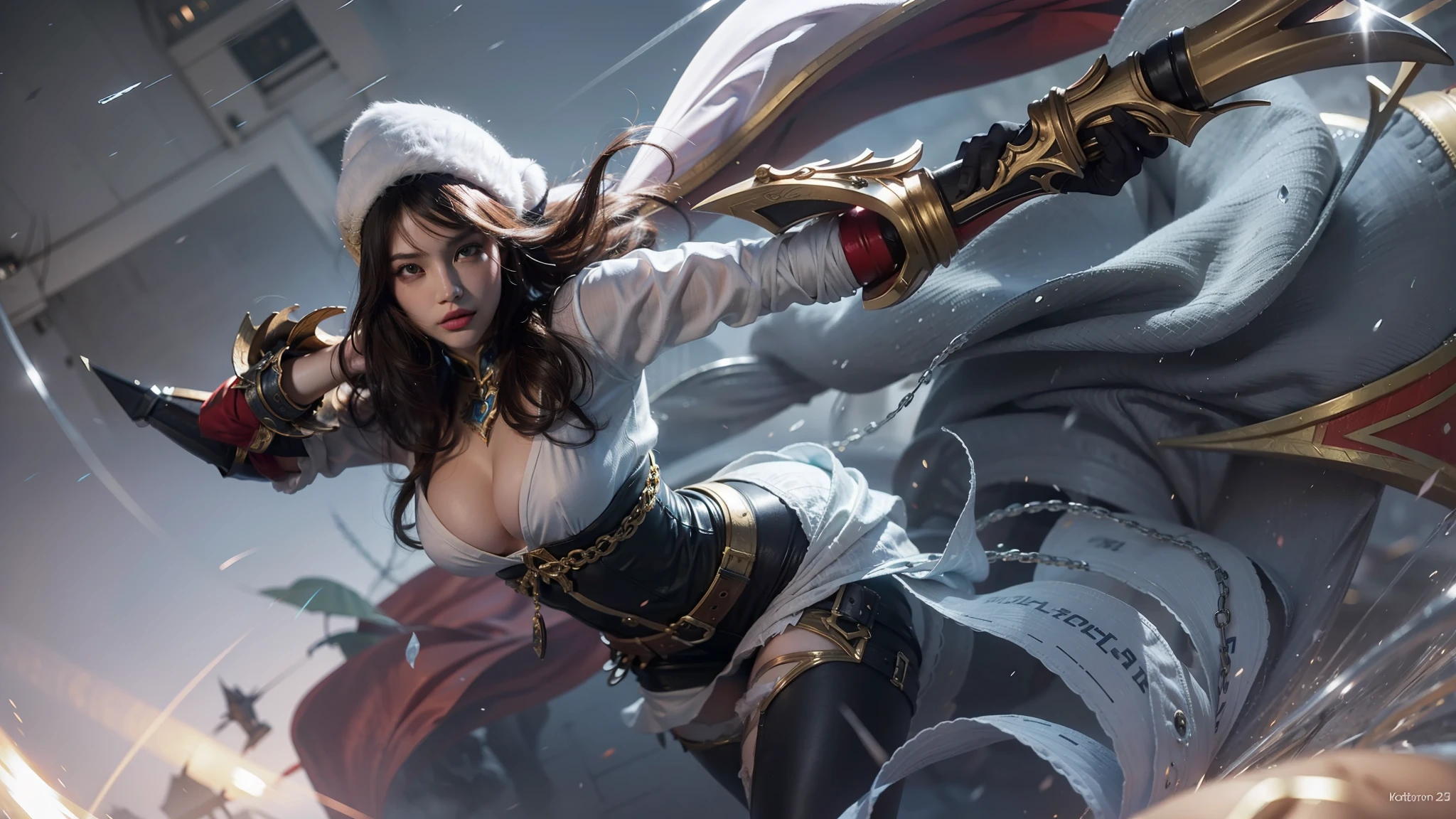 (masterpiece:1.3), (8k, photorealistic, RAW photo, best quality: 1.4), (1girl), beautiful face, (realistic face), a close up of a woman with a sword in a city, style artgerm, ig model | artgerm, ashe, katarina, artgerm lau, extremely detailed artgerm, league of legends character art, miss fortune league of legends, miss fortune, official splash art, artgerm detailed, samira from league of legends, splash art