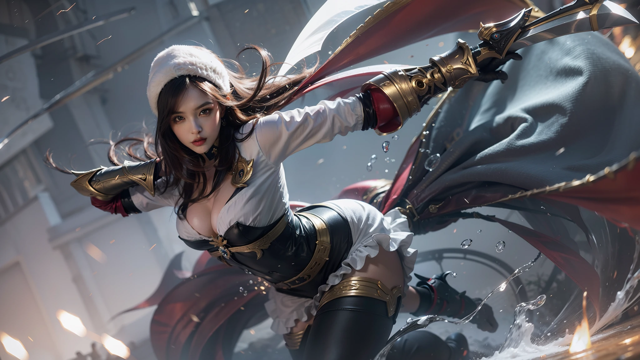 (masterpiece:1.3), (8k, photorealistic, RAW photo, best quality: 1.4), (1girl), beautiful face, (realistic face), a close up of a woman with a sword in a city, style artgerm, ig model | artgerm, ashe, katarina, artgerm lau, extremely detailed artgerm, league of legends character art, miss fortune league of legends, miss fortune, official splash art, artgerm detailed, samira from league of legends, splash art