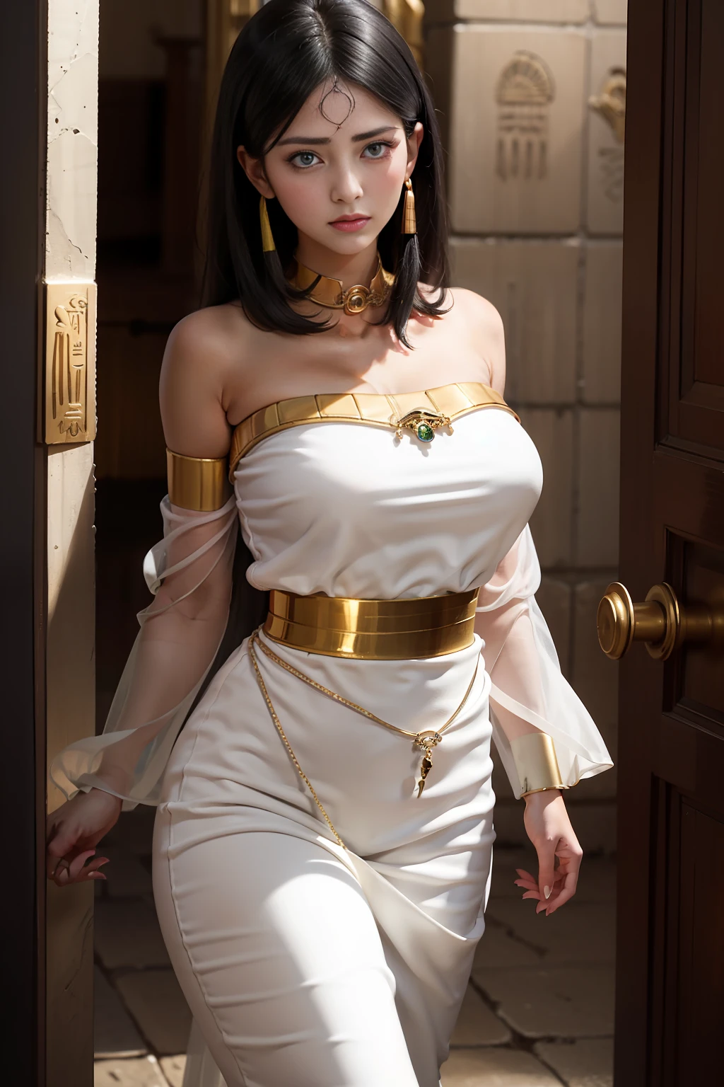 Egyptian dungeons，The woman was imprisoned in an Egyptian dungeon，FULL BODY，master masterpiece，1girl，Slim Figure，Black Short Hair，White skin，solo，blueeyes，Qi bangs，smal breasts，jewellery，with big eyes，gigantic tits，The gold，Choker，Bare shoulders，bangles，wide sleeves，Cover the，The Eye of Horus，open shoulders，hairtubes，Seductive expressions，Aggrieved expression，mature woman，Beautiful short black shoulder-long haired，strong winds，Beautiful long legs