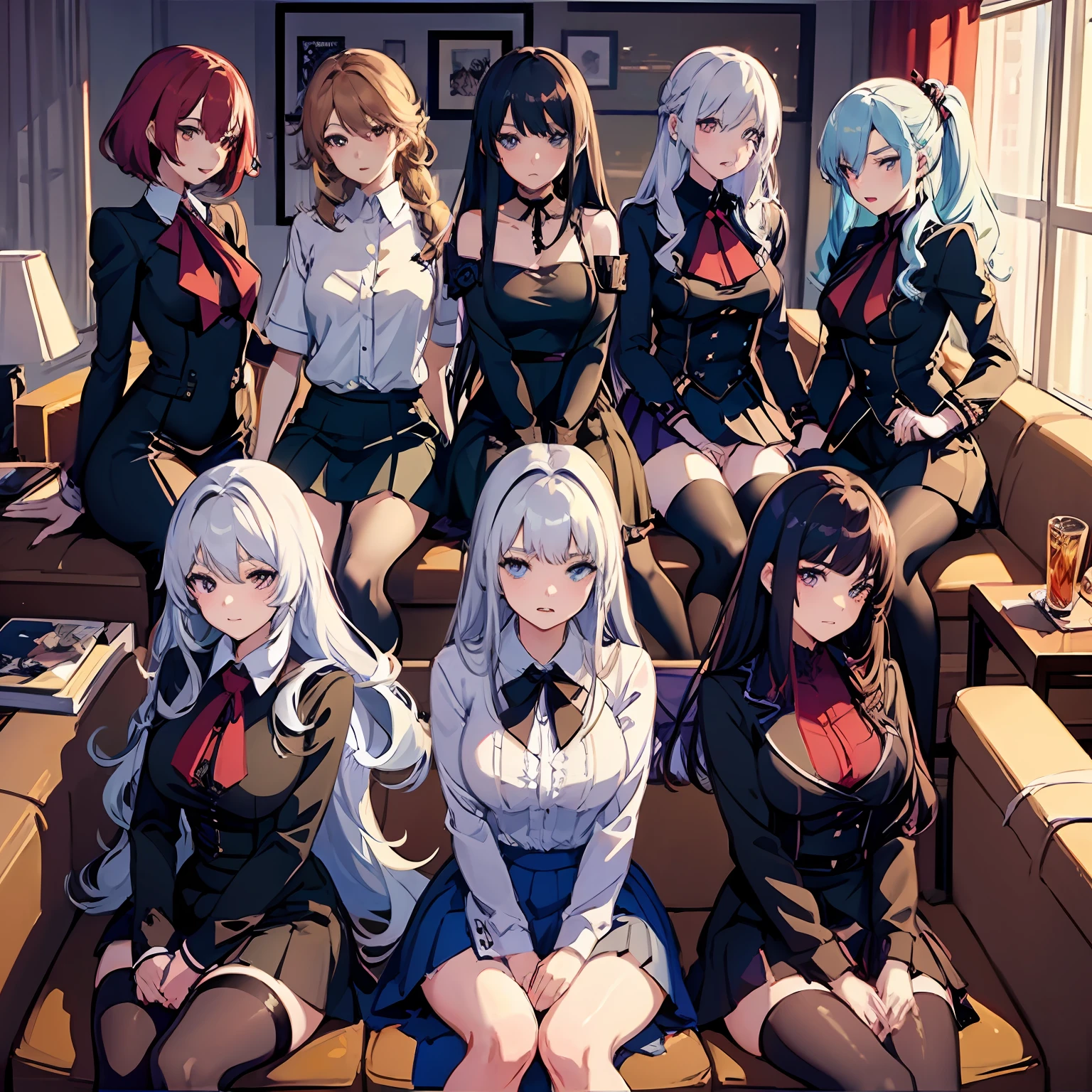 nine girls,Different hair colors,skirt,Good figure,Bare long legs,Plump breasts,young anime man,High quality anime art style,anime moe art style,RGB lighting,in the villa,a living room,short skirts of different colors,watching the audience,different postures,different temperament,naughty,arrogant and indifferent,