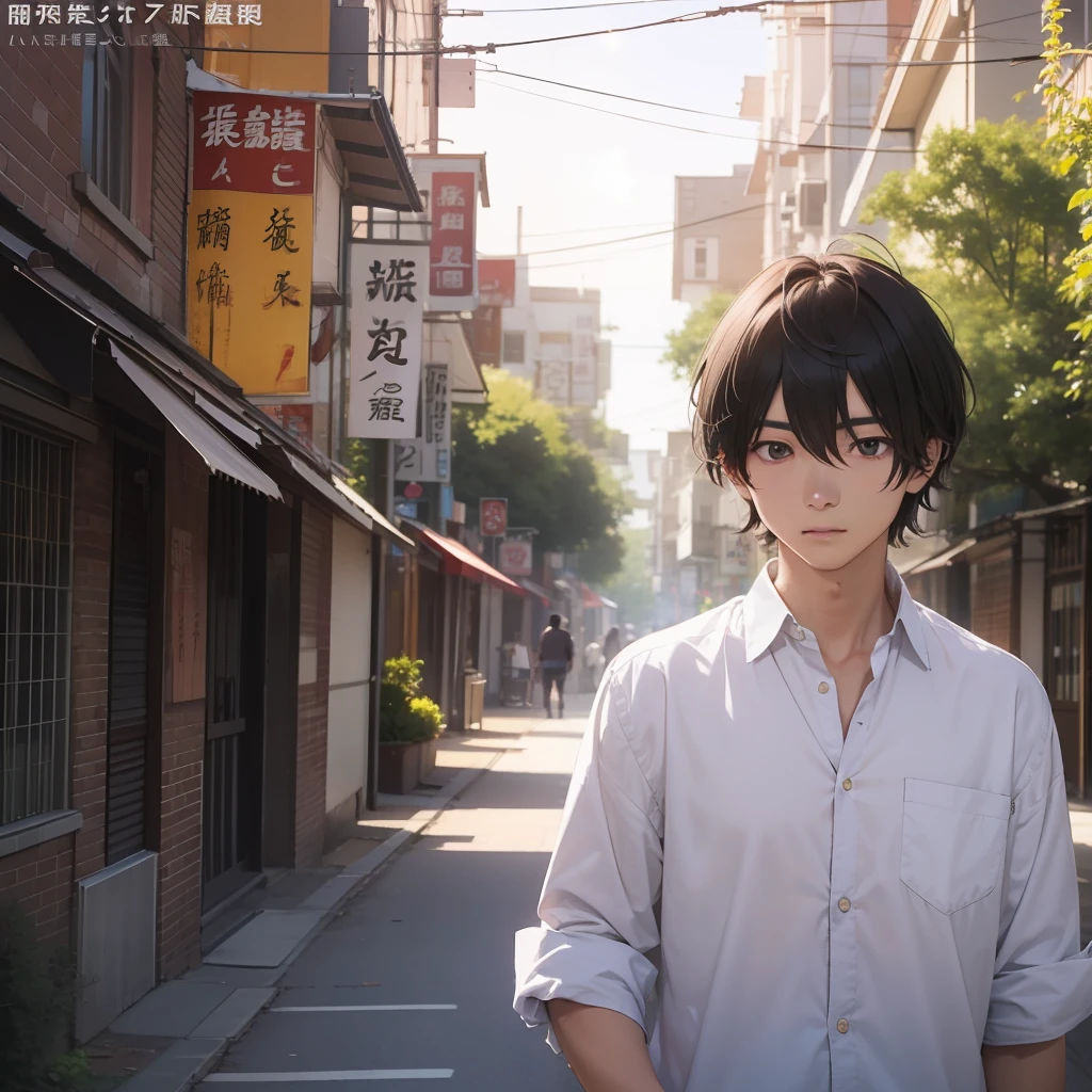 A male student with short black hair and a white shirt stands in front of a village path looking into camera(表情害怕1.5)(全身展示1.5)(英俊的男生1.3)(电影级灯光1.5)(master masterpiece:1.4),Hyper Detail,Anime Style 4 K,Anime rendering,Anime Style。8k,