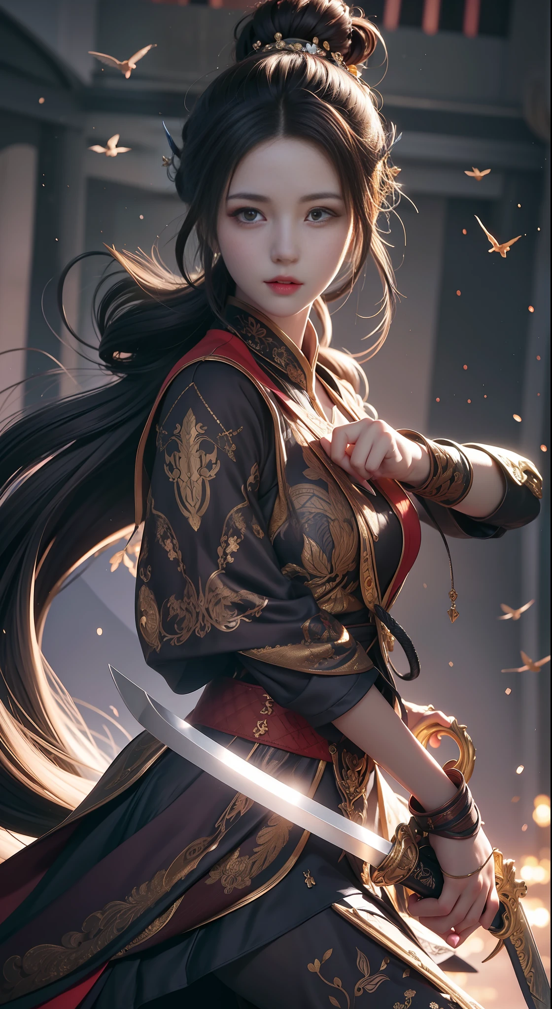 anime girl with sword in hand and flying birds in the background, artgerm and atey ghailan, by Yang J, alice x. zhang, beautiful digital artworks, ross tran 8 k, beautiful character painting, artwork in the style of guweiz, chengwei pan on artstation, holding a sword on her shoulder