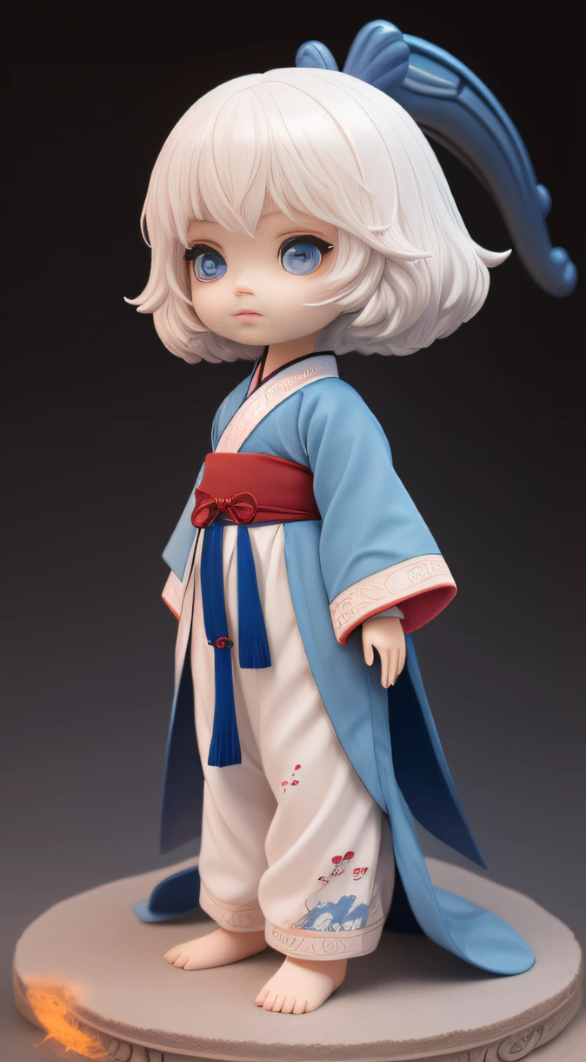 A doll with white hair and blue dinosaur pajamas,girl in Hanfu, White Hair,Clay model,blind box toy,FULL BODY,Multiple Angles,watery big eyes,A clean background,3D,C4D,Glossy material